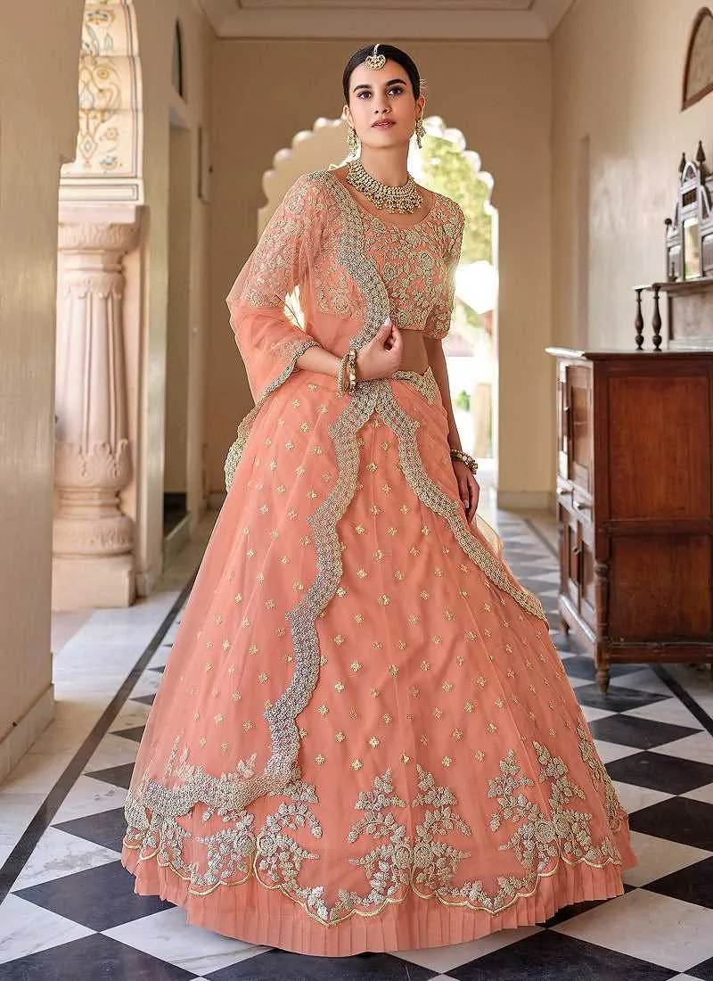 Peach Heavy Floral Embroidered Stylish Wedding Lehenga