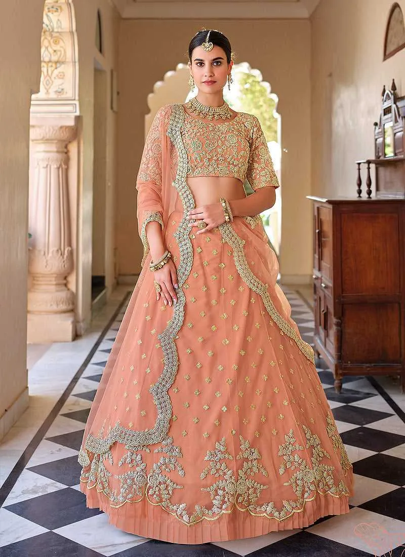 Peach Heavy Floral Embroidered Stylish Wedding Lehenga