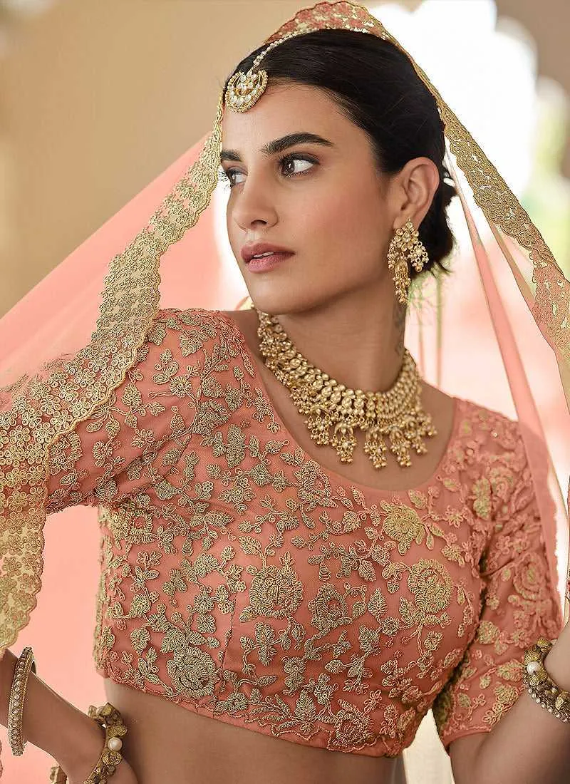 Peach Heavy Floral Embroidered Stylish Wedding Lehenga