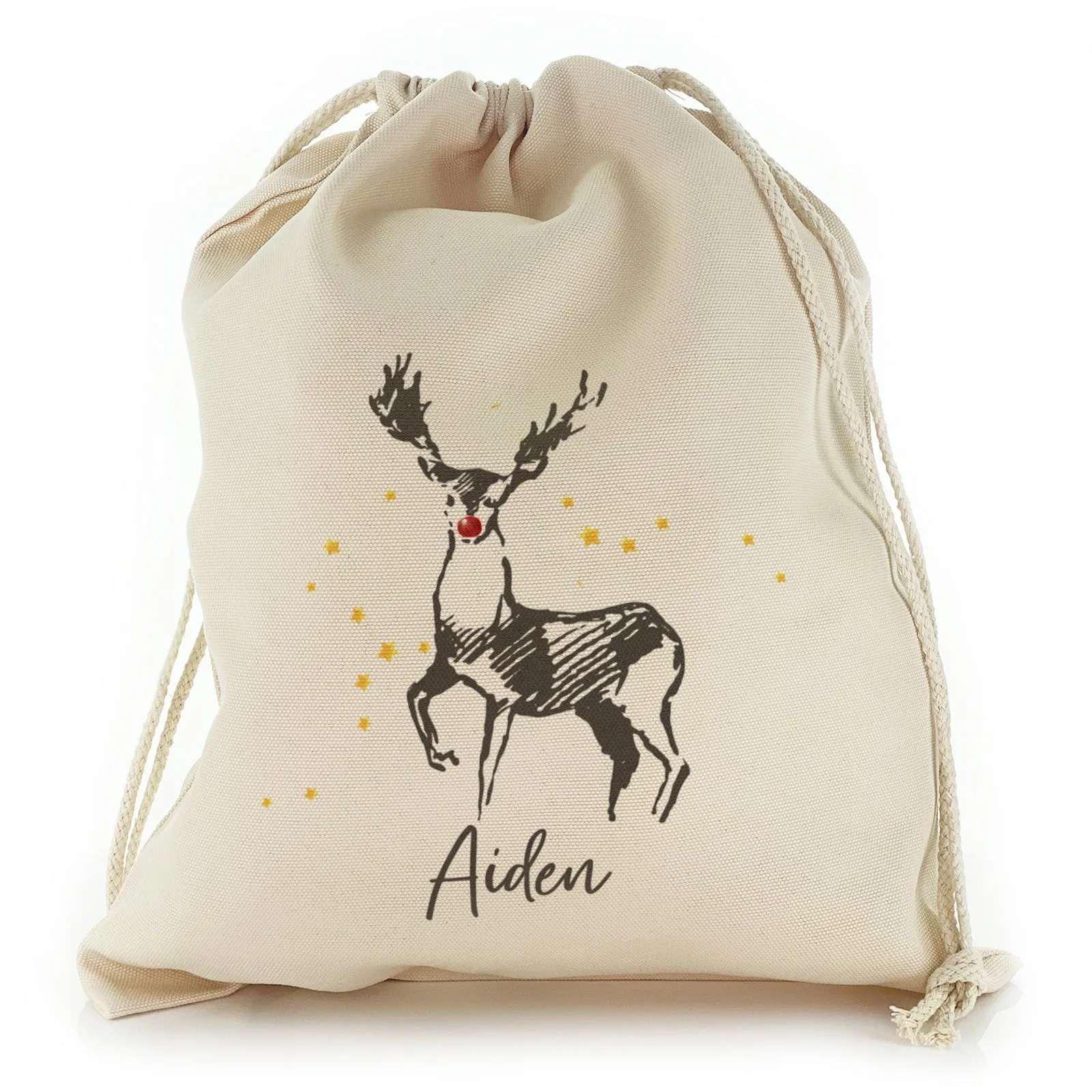 Personalised Canvas Sack with Stylish Text and Red Nose Reindeer Star Sketch