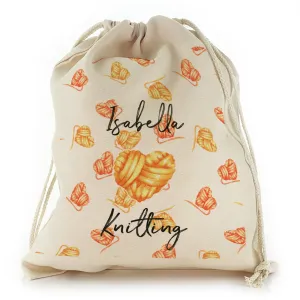 Personalised Canvas Sack with Stylish Text on Orange Yarn Hearts Pattern