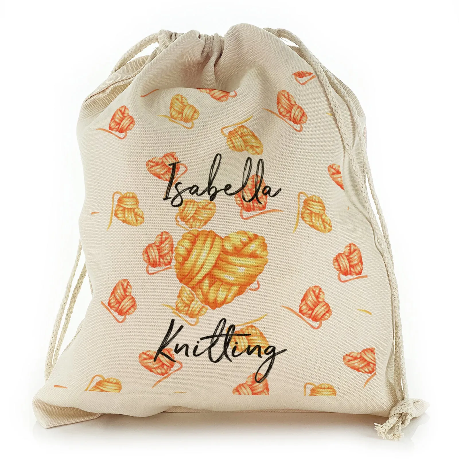 Personalised Canvas Sack with Stylish Text on Orange Yarn Hearts Pattern