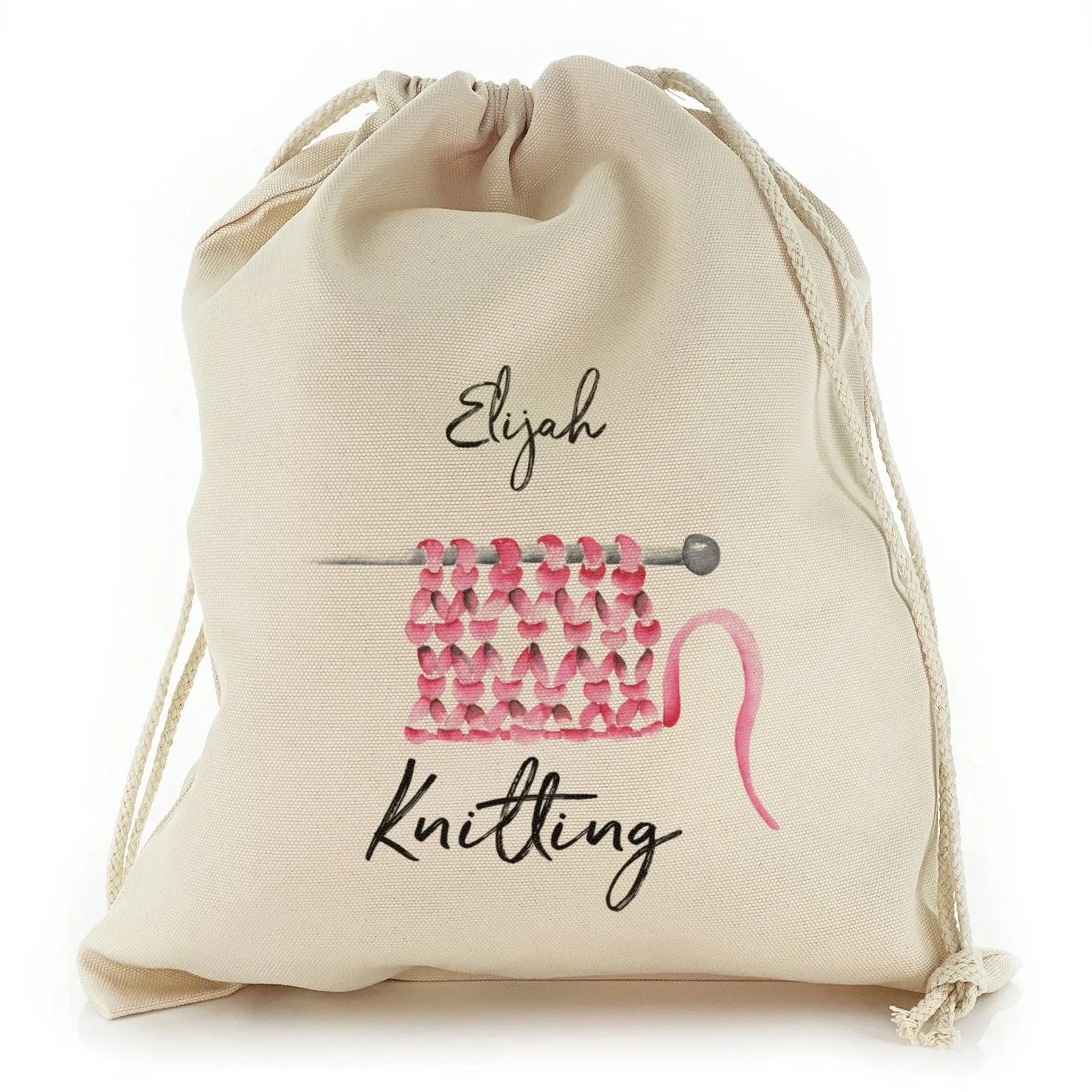 Personalised Canvas Sack with Stylish Text on Pink Knitted Yarn Design