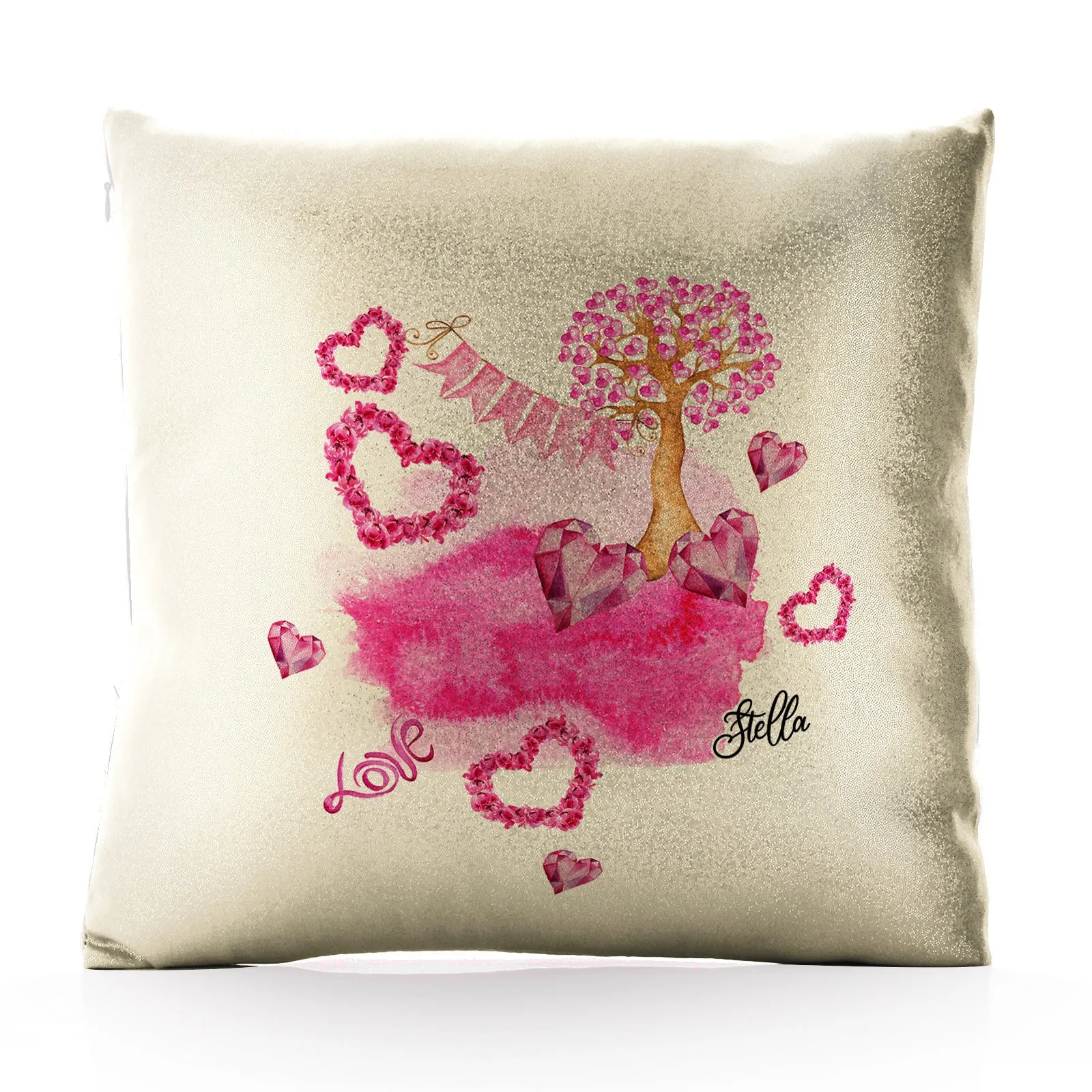 Personalised Glitter Cushion with Stylish Text and Pink Love Landscape Print