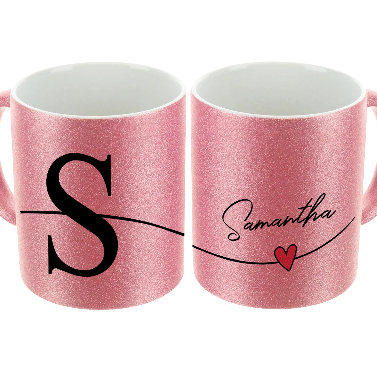 Personalised Glitter Mug with Block Initial and Stylish Text on Heart Line