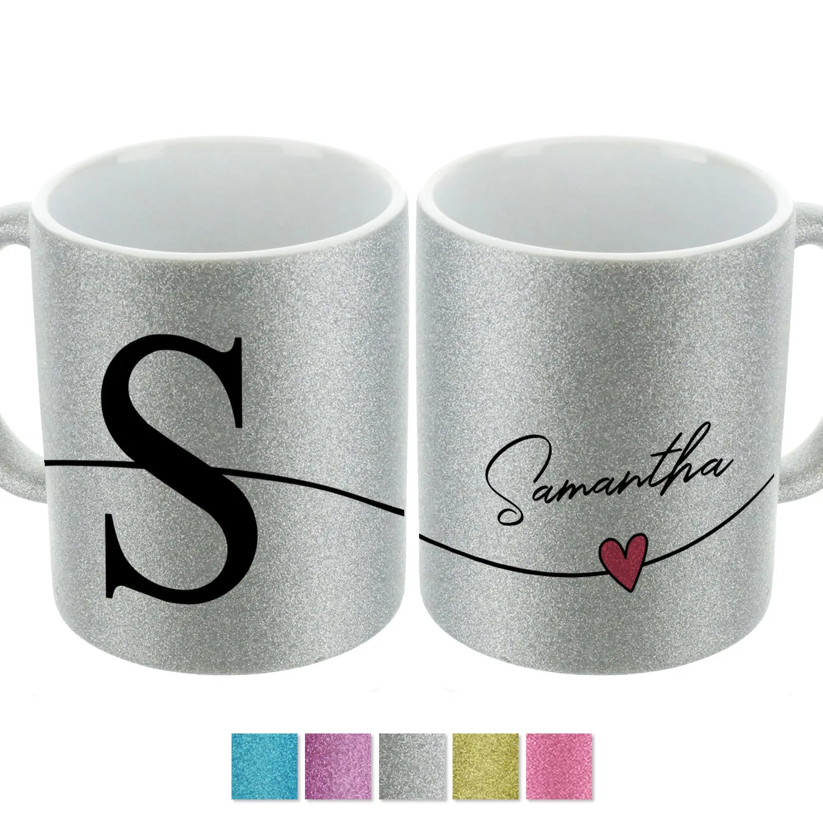 Personalised Glitter Mug with Block Initial and Stylish Text on Heart Line
