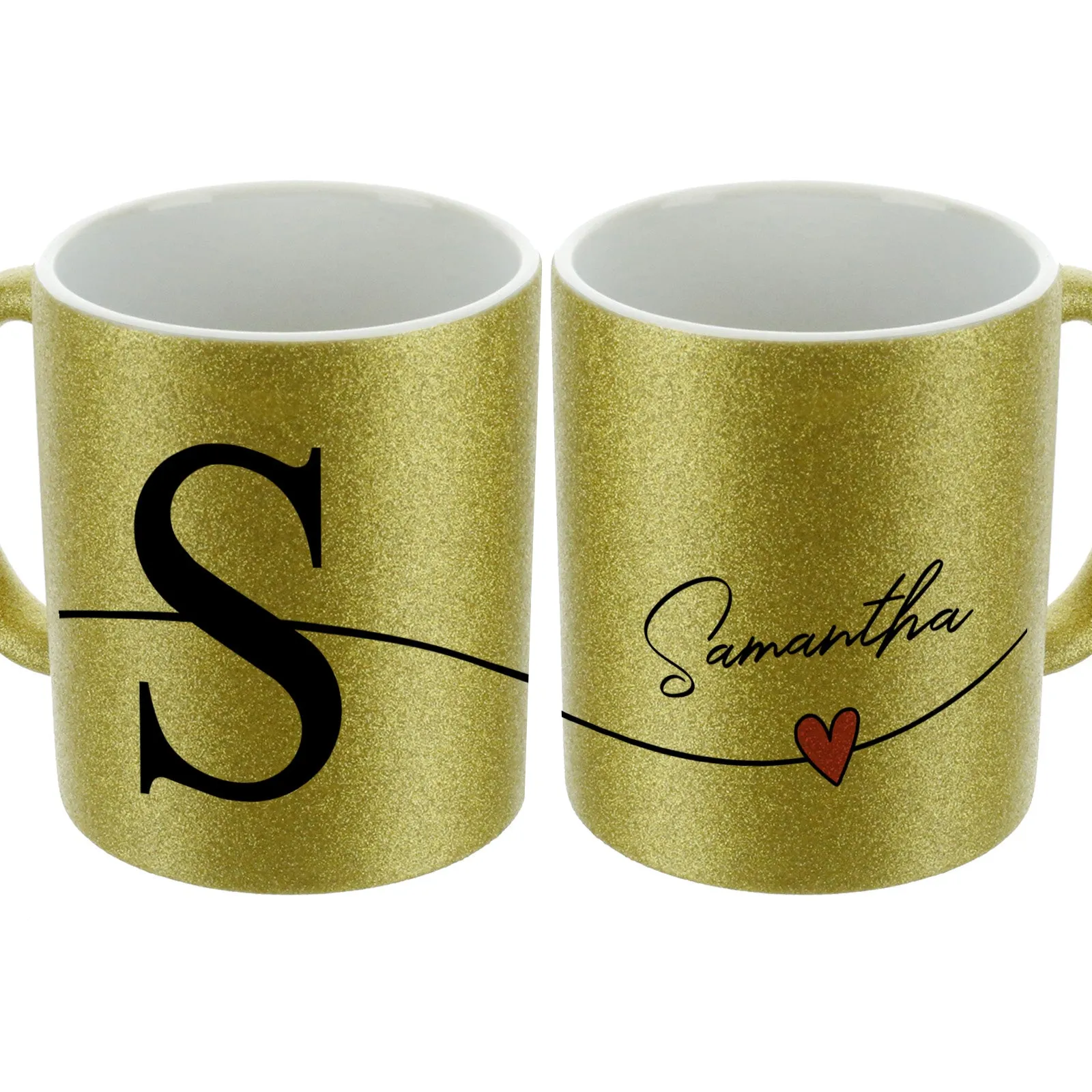 Personalised Glitter Mug with Block Initial and Stylish Text on Heart Line