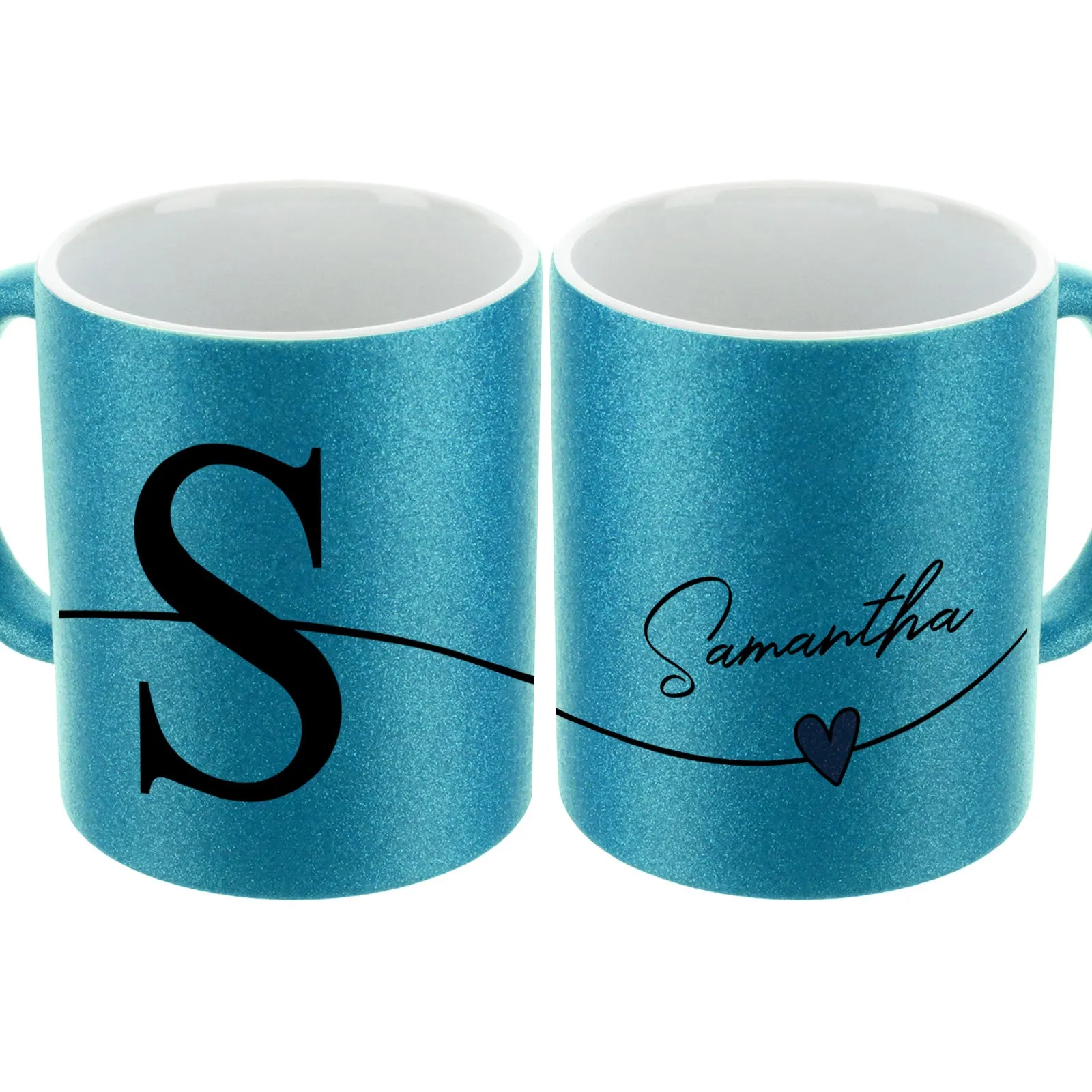Personalised Glitter Mug with Block Initial and Stylish Text on Heart Line
