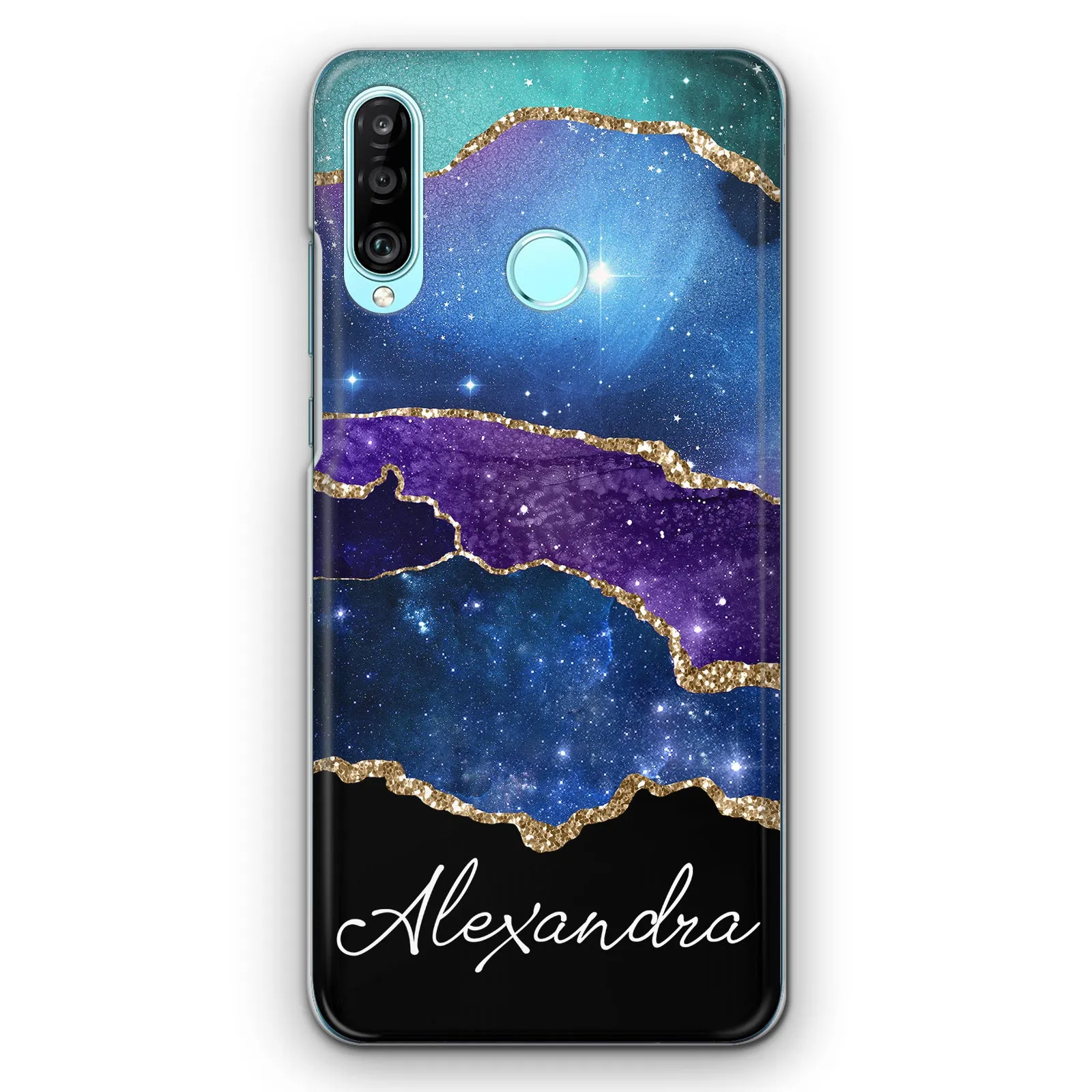Personalised LG Phone Hard Case with Stylish Script Name on Blue & Gold Strip Marble
