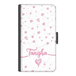 Personalised LG Phone Leather Wallet with Pink Stylish text, Stars and Hearts on White Marble