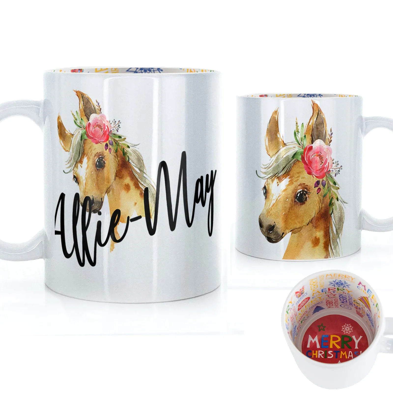 Personalised Mug with Stylish Text and Pink Flower Horse