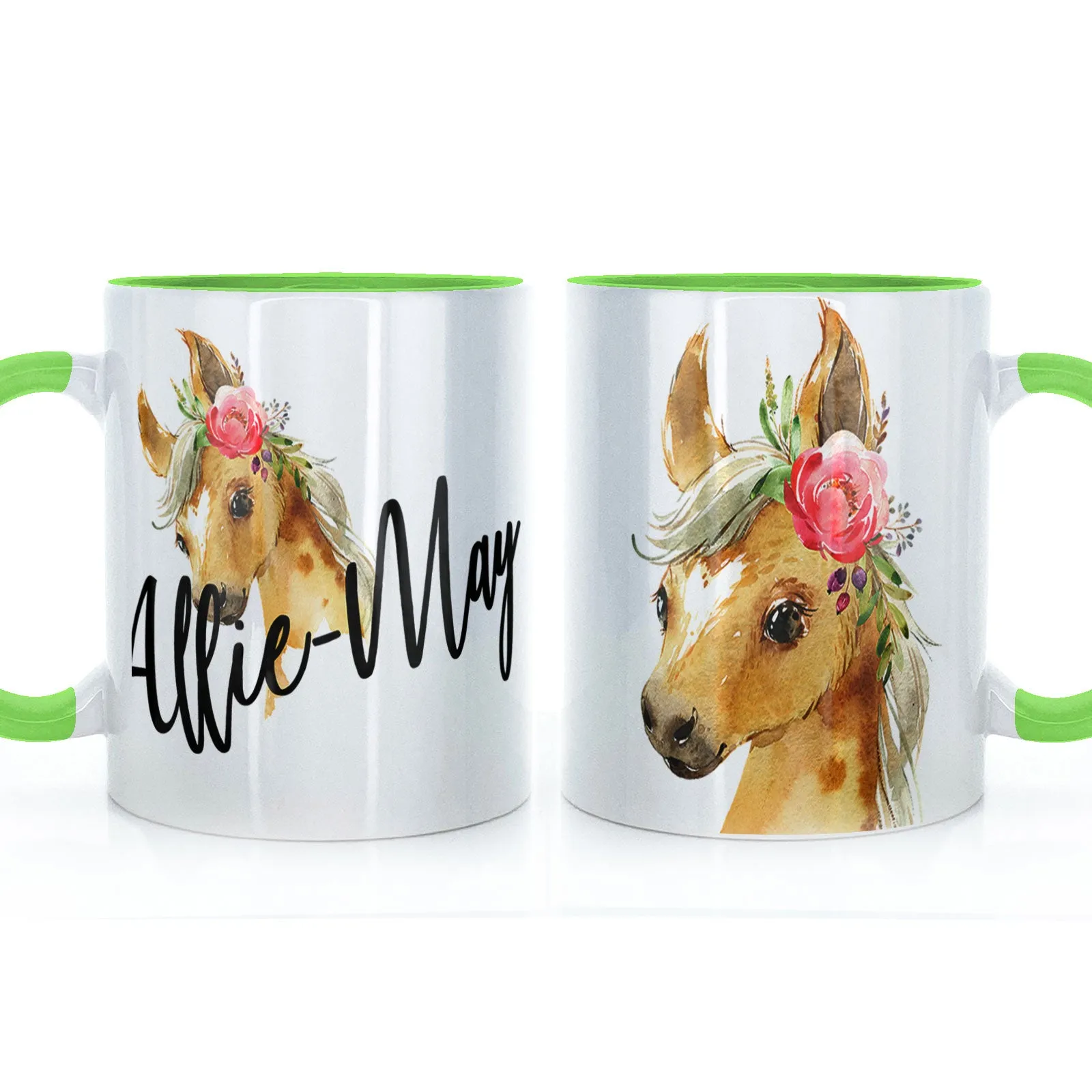 Personalised Mug with Stylish Text and Pink Flower Horse