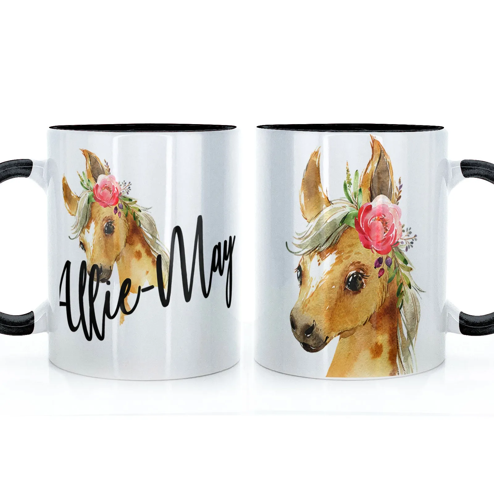 Personalised Mug with Stylish Text and Pink Flower Horse