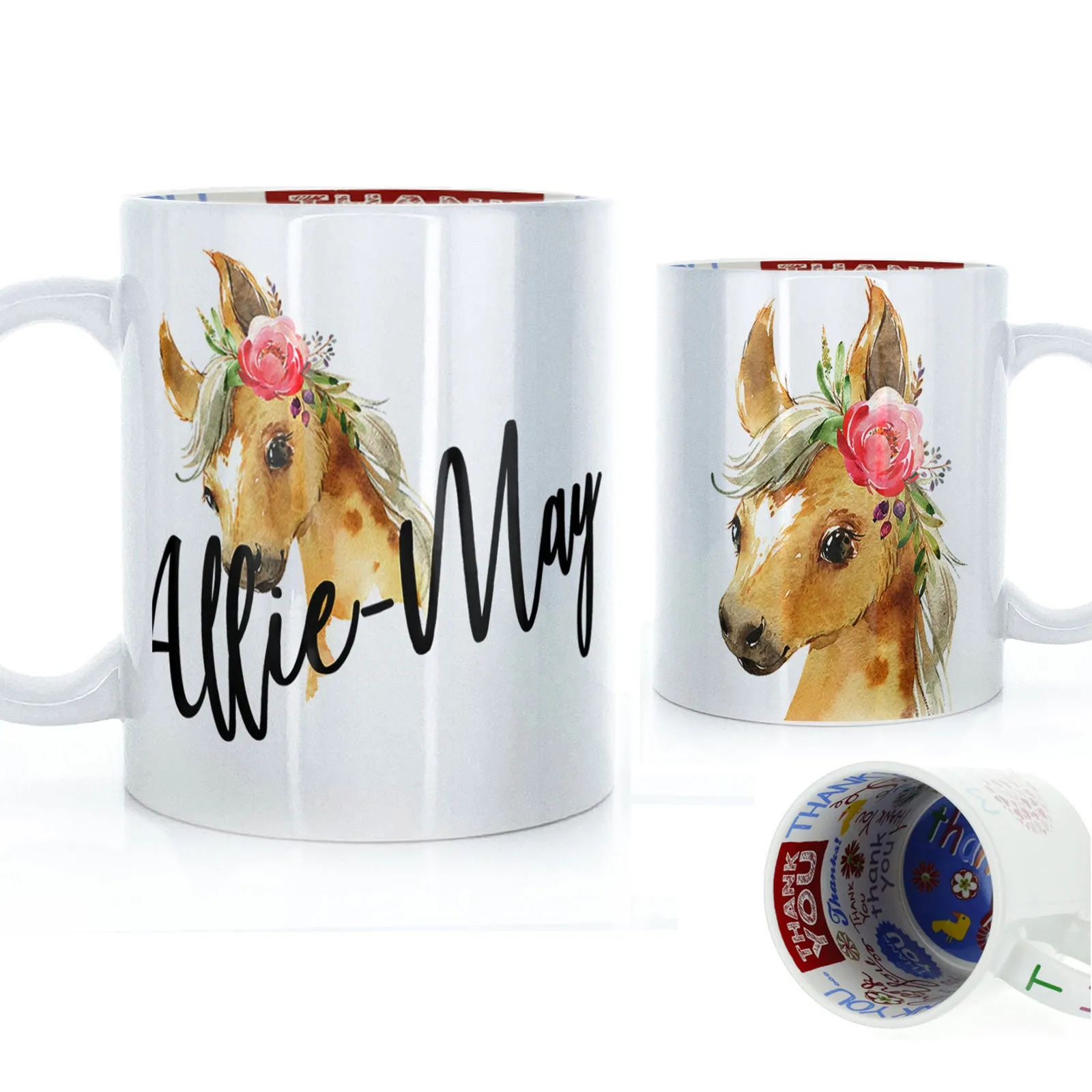 Personalised Mug with Stylish Text and Pink Flower Horse