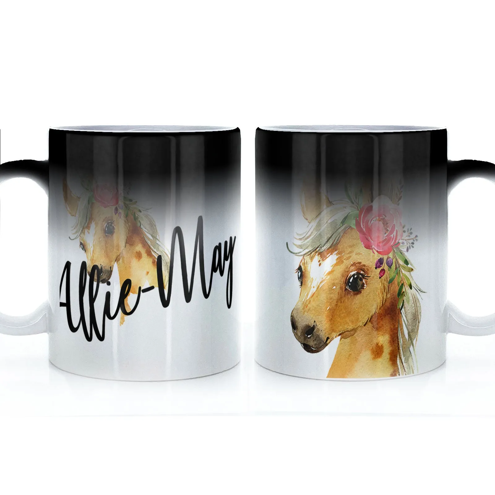 Personalised Mug with Stylish Text and Pink Flower Horse