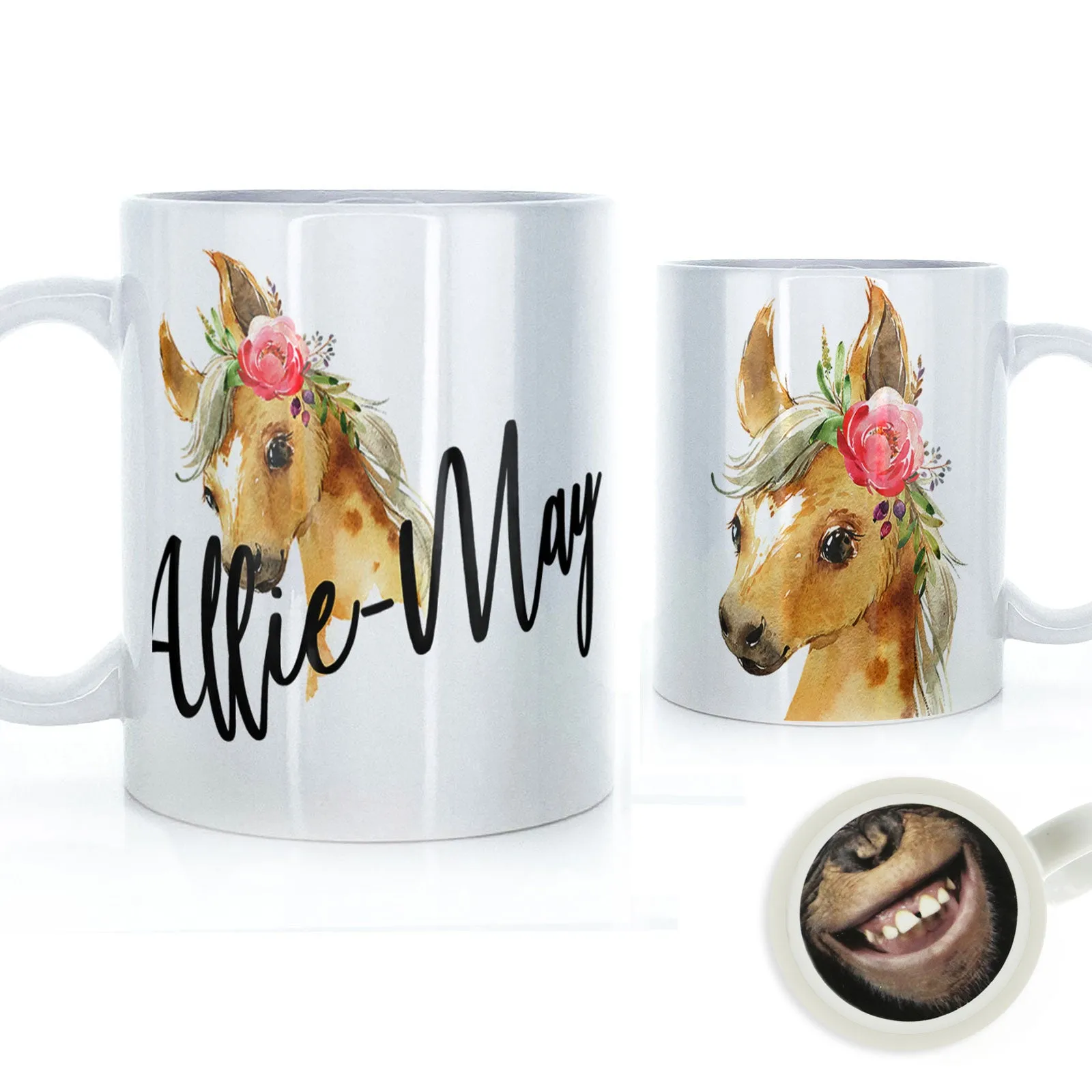 Personalised Mug with Stylish Text and Pink Flower Horse