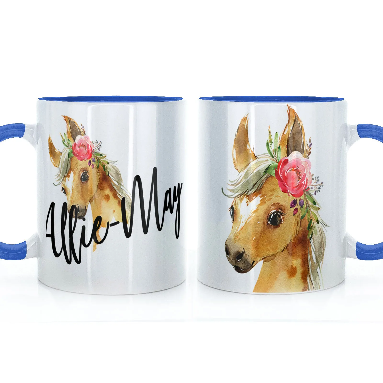 Personalised Mug with Stylish Text and Pink Flower Horse