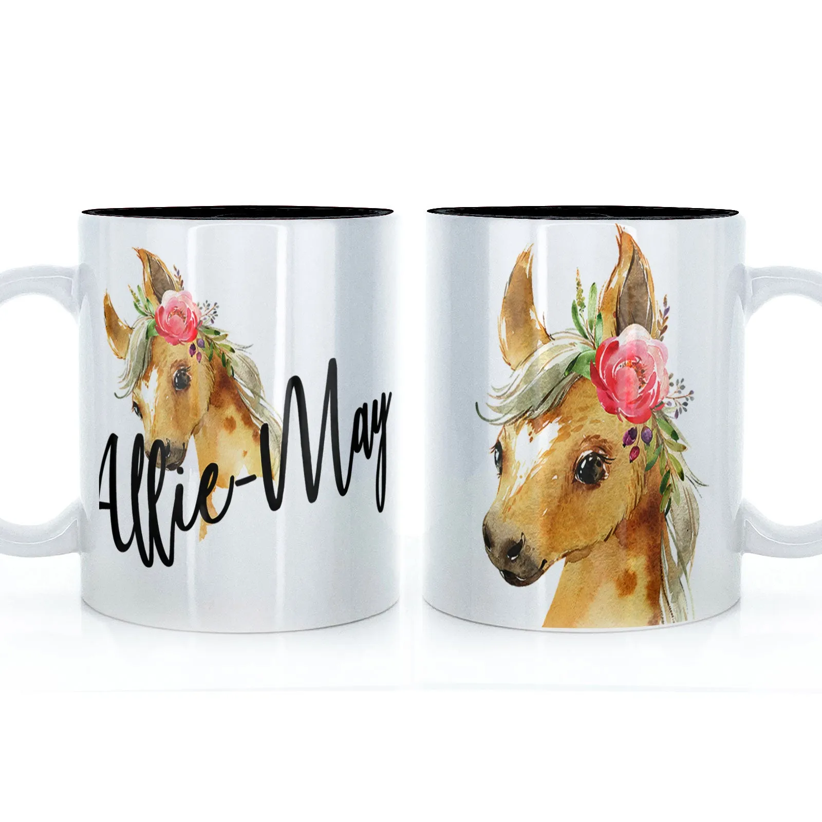 Personalised Mug with Stylish Text and Pink Flower Horse