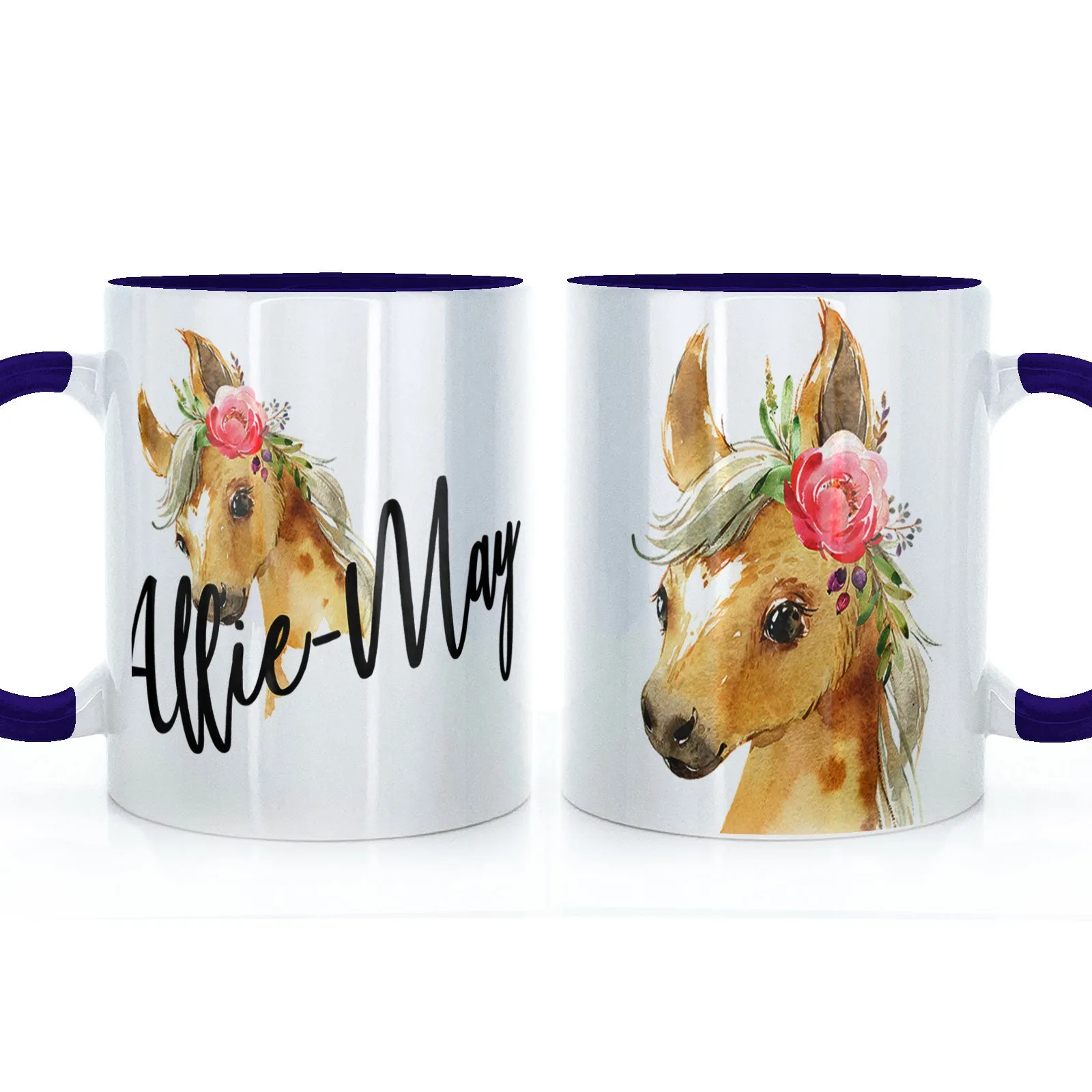 Personalised Mug with Stylish Text and Pink Flower Horse