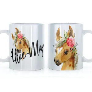 Personalised Mug with Stylish Text and Pink Flower Horse