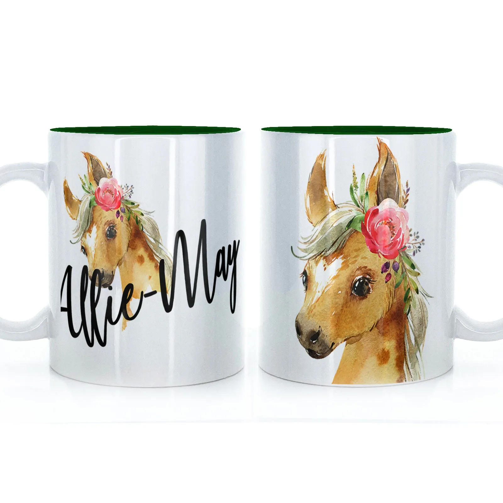 Personalised Mug with Stylish Text and Pink Flower Horse