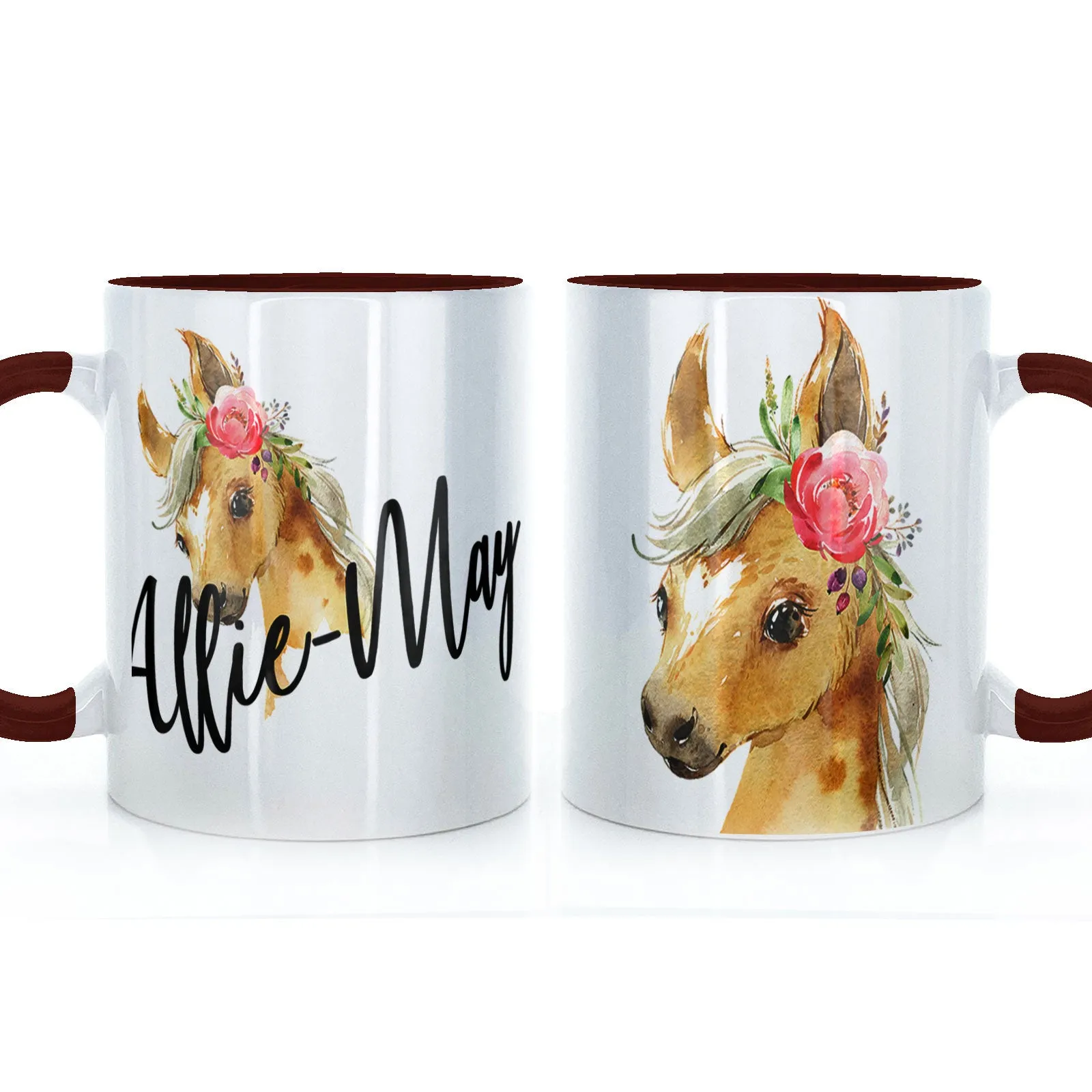 Personalised Mug with Stylish Text and Pink Flower Horse