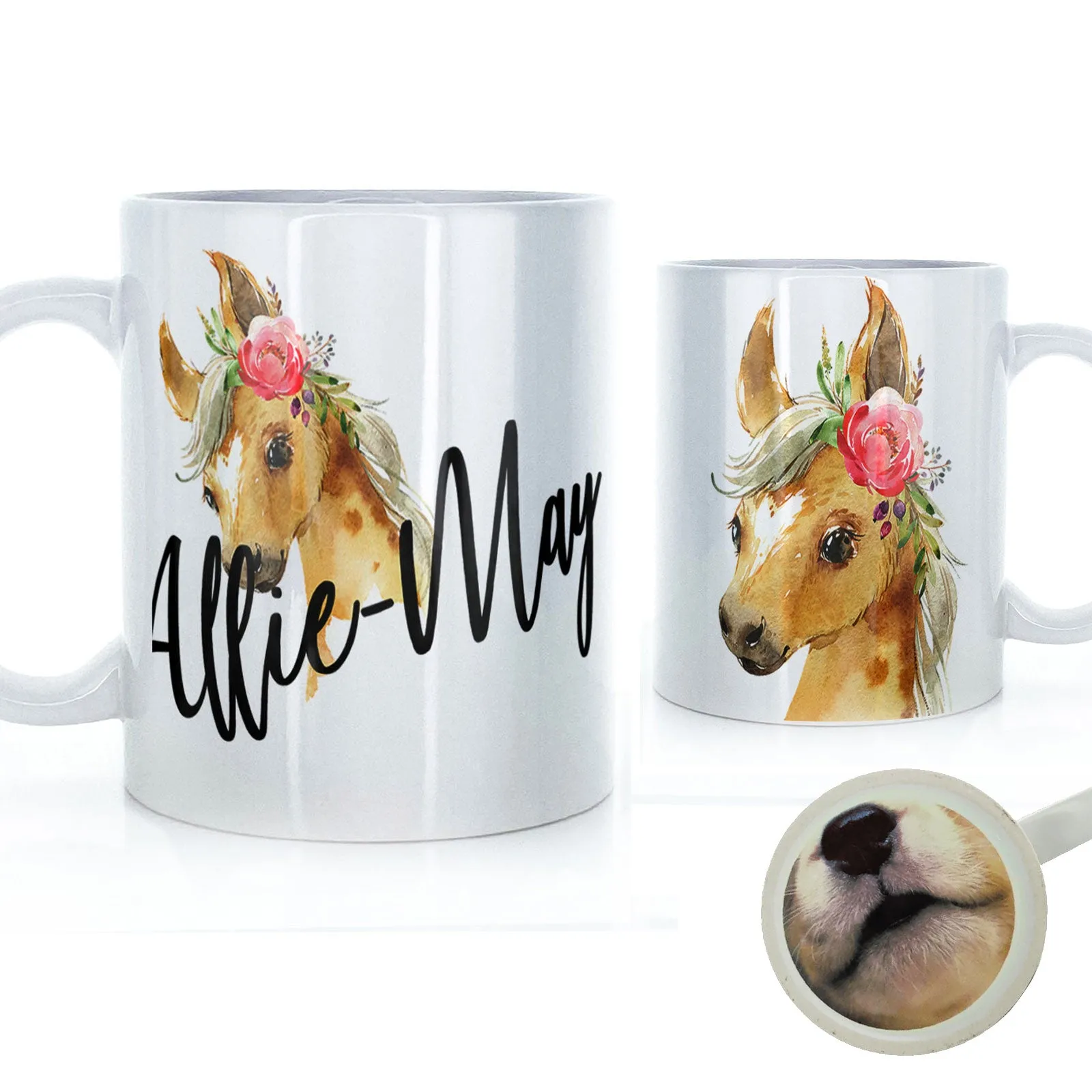 Personalised Mug with Stylish Text and Pink Flower Horse