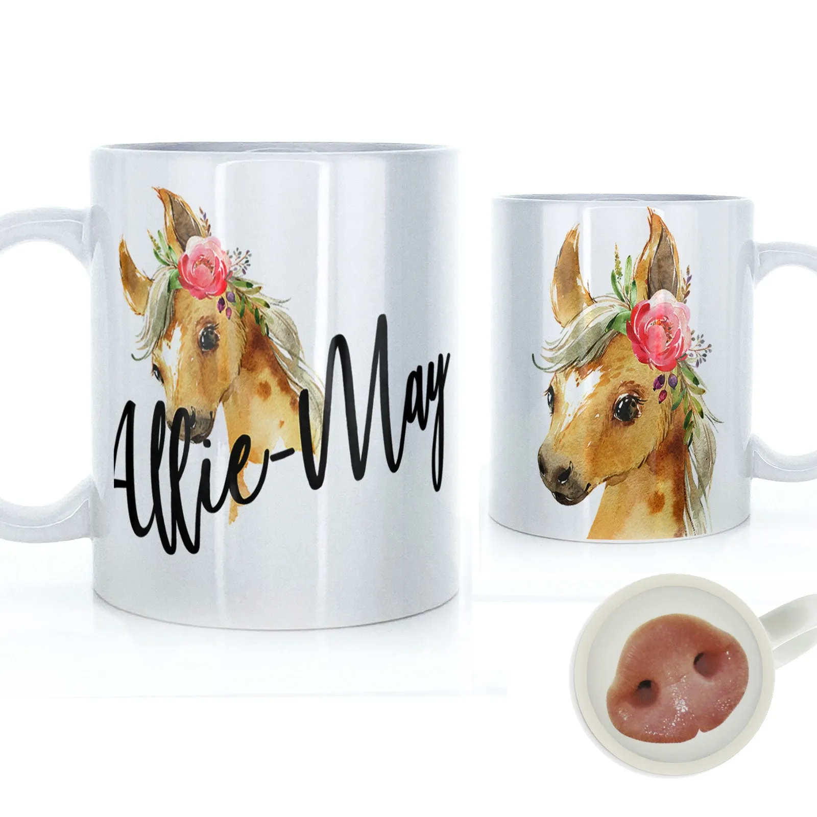 Personalised Mug with Stylish Text and Pink Flower Horse