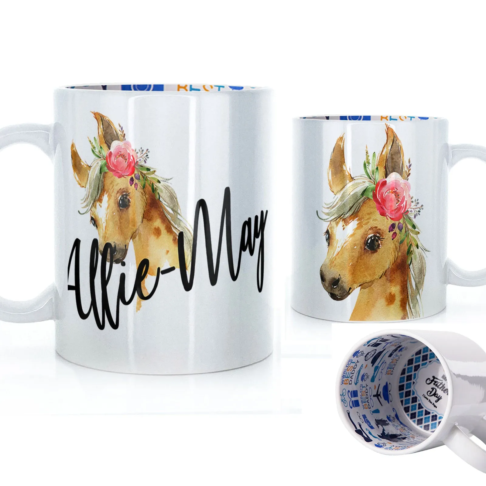 Personalised Mug with Stylish Text and Pink Flower Horse