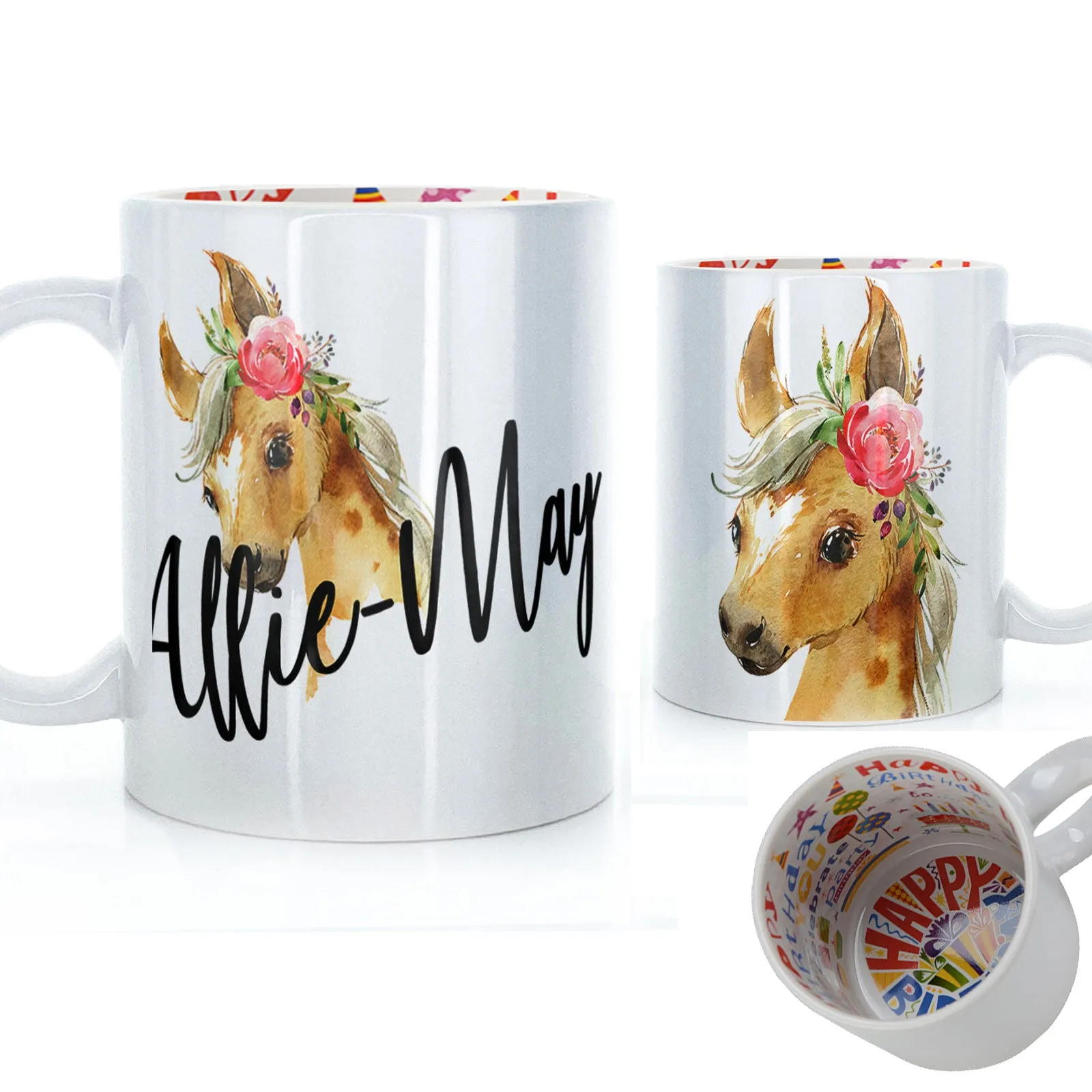 Personalised Mug with Stylish Text and Pink Flower Horse