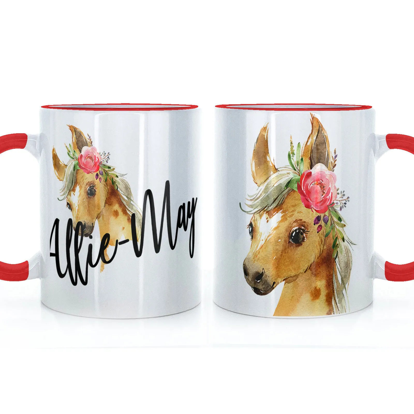 Personalised Mug with Stylish Text and Pink Flower Horse