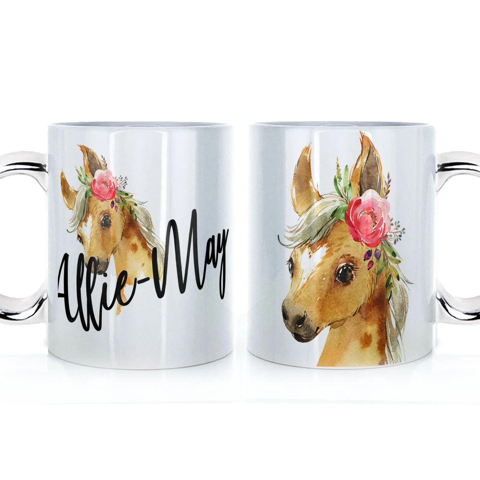 Personalised Mug with Stylish Text and Pink Flower Horse