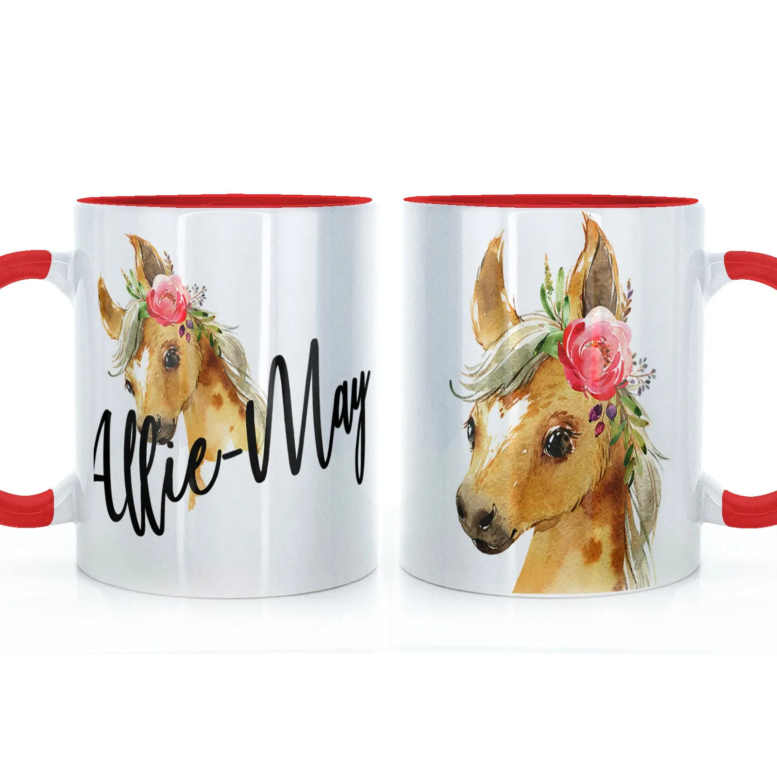 Personalised Mug with Stylish Text and Pink Flower Horse