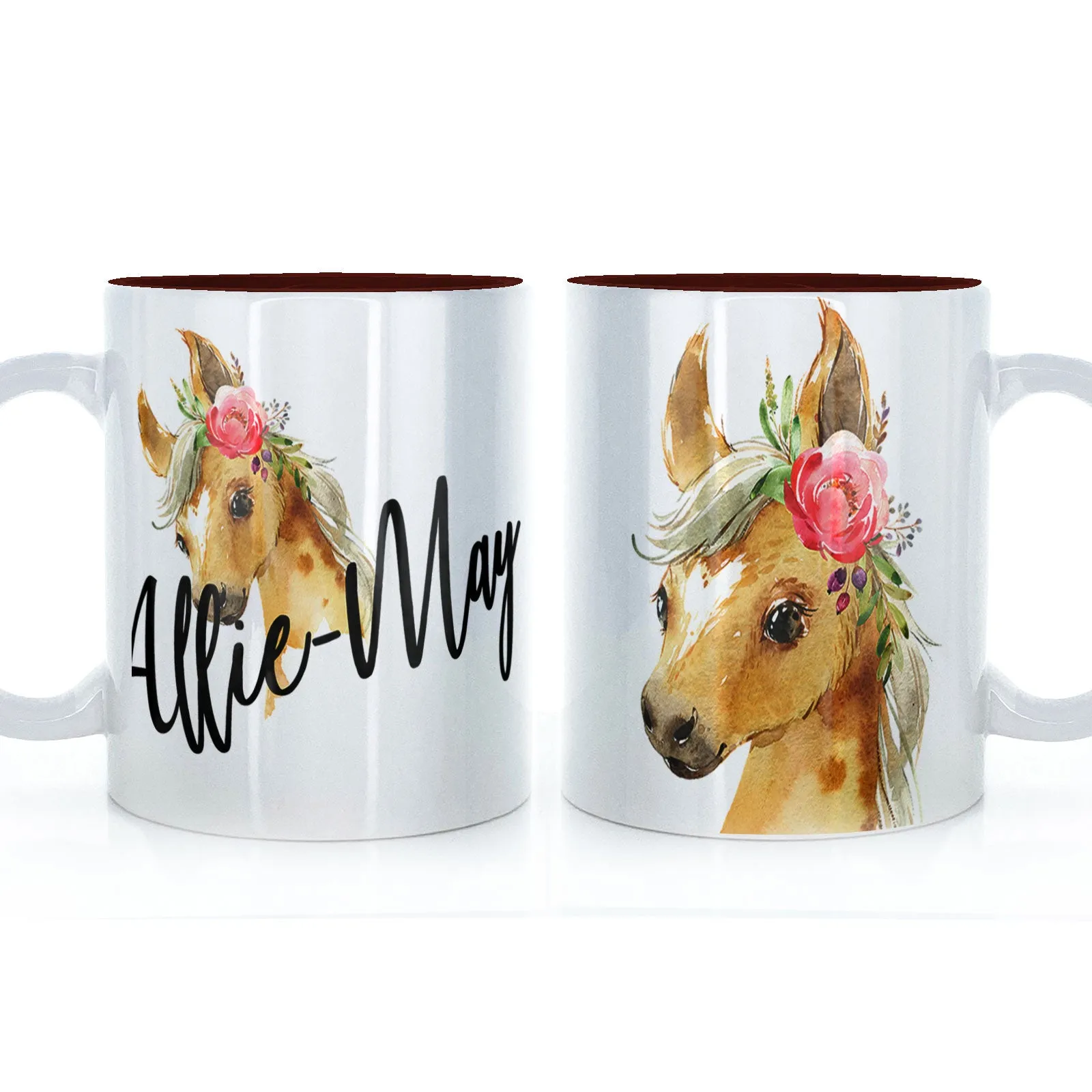 Personalised Mug with Stylish Text and Pink Flower Horse