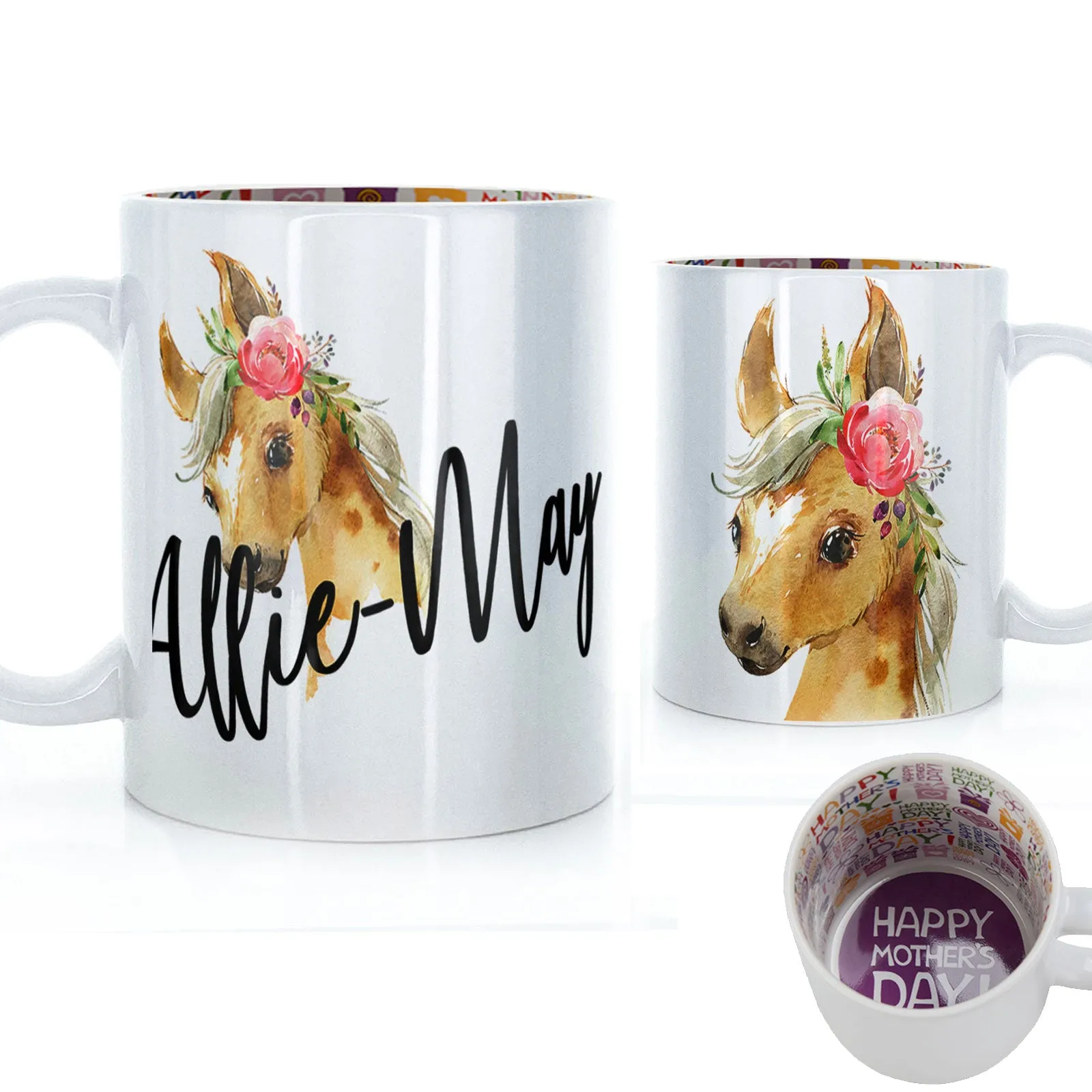 Personalised Mug with Stylish Text and Pink Flower Horse