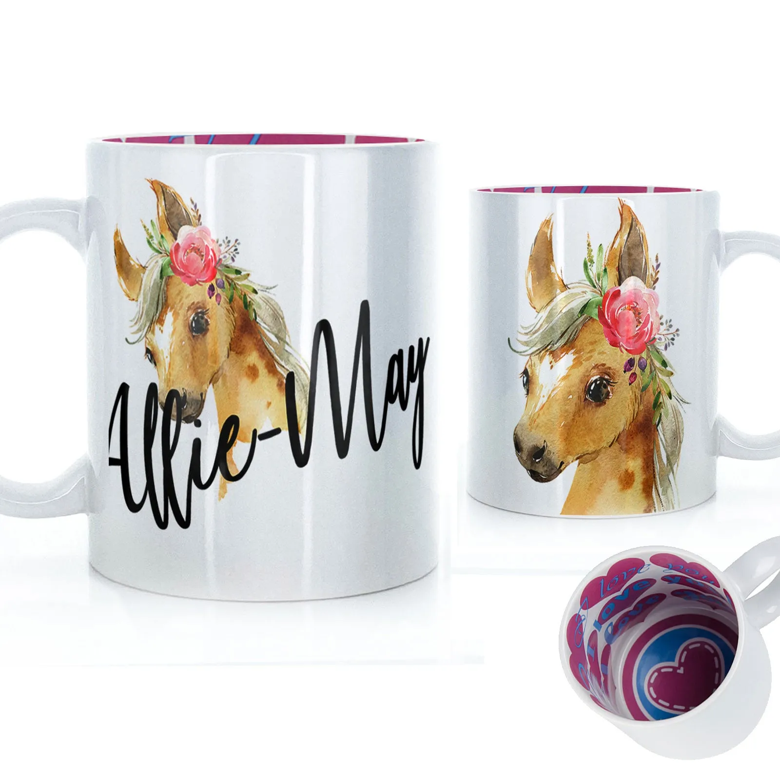 Personalised Mug with Stylish Text and Pink Flower Horse