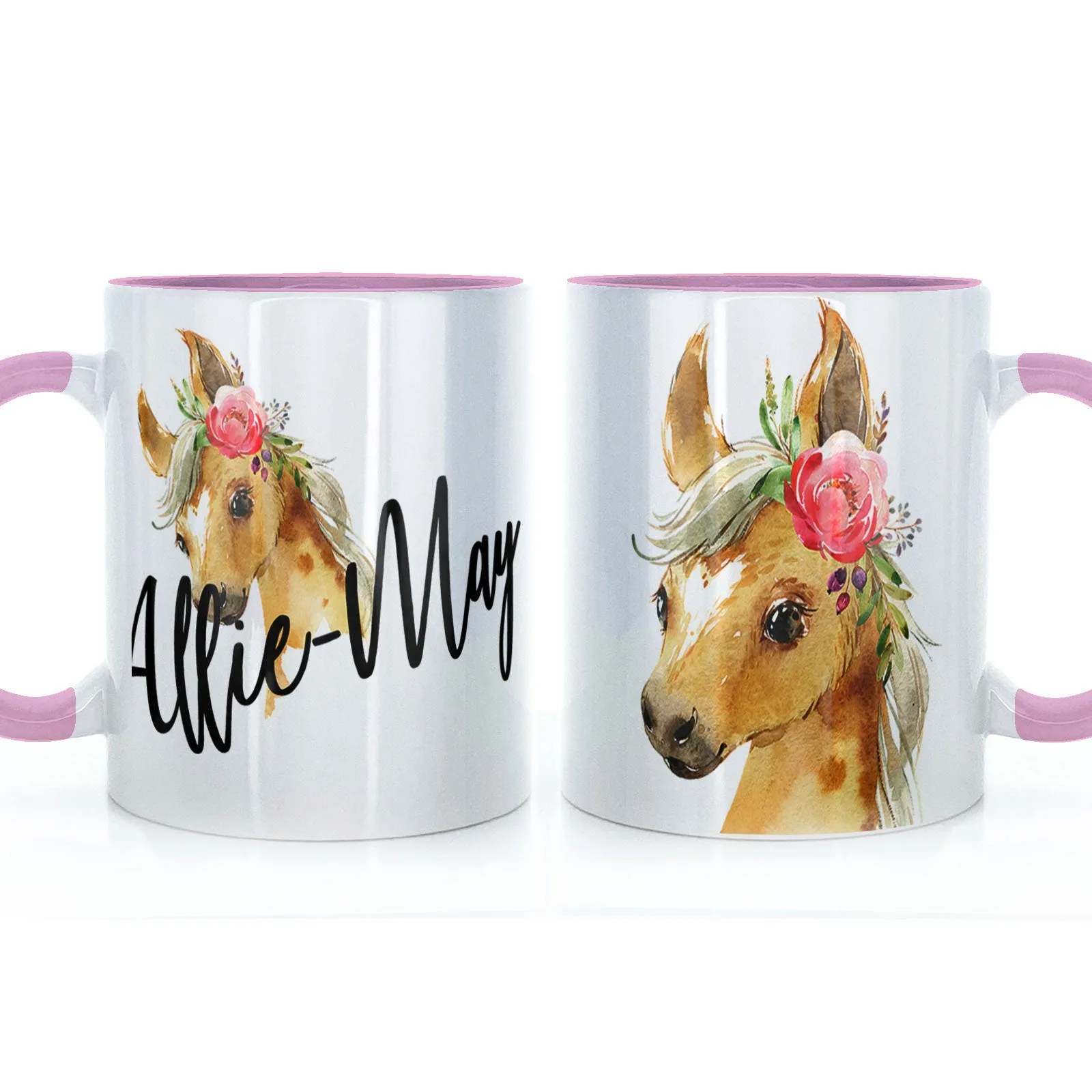 Personalised Mug with Stylish Text and Pink Flower Horse