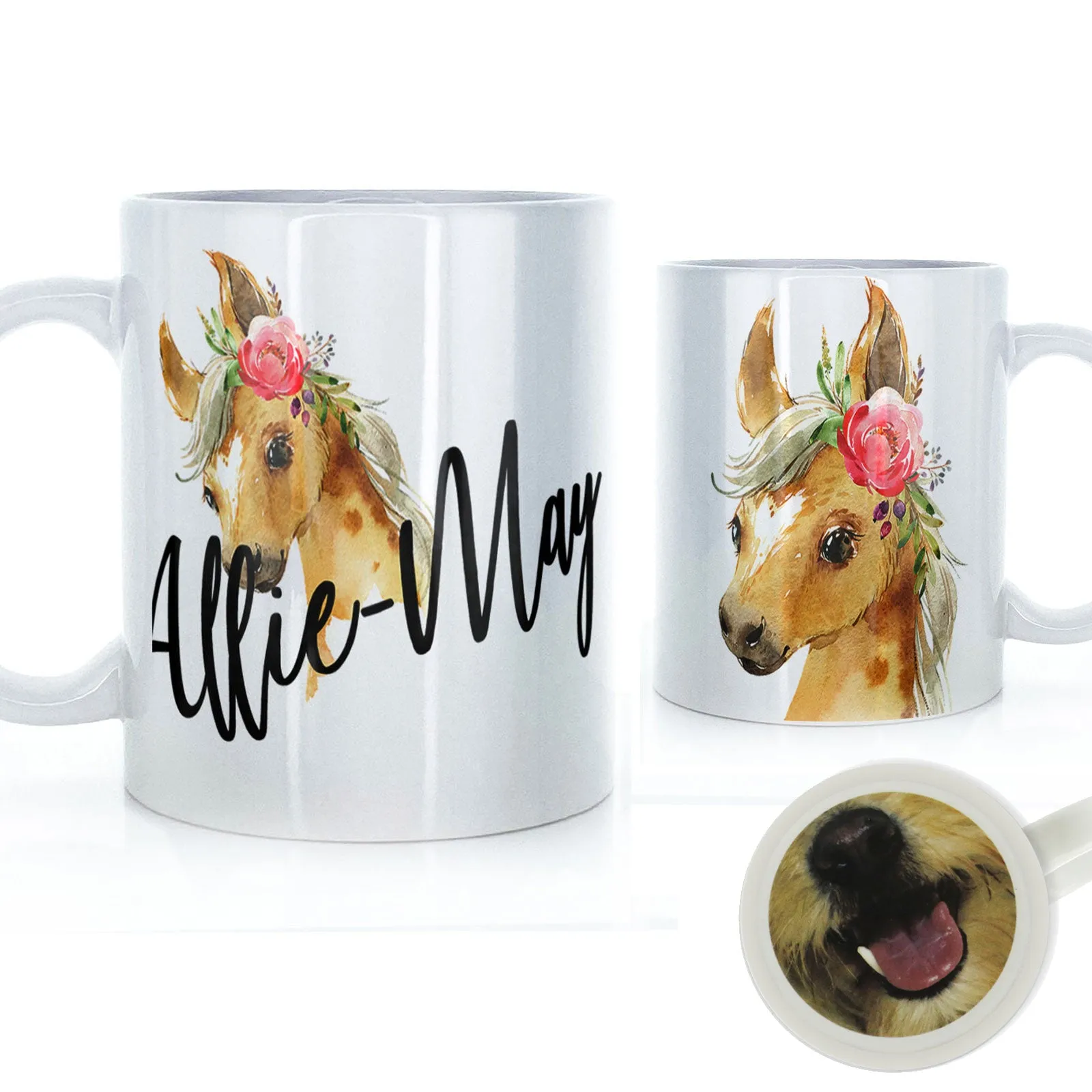 Personalised Mug with Stylish Text and Pink Flower Horse