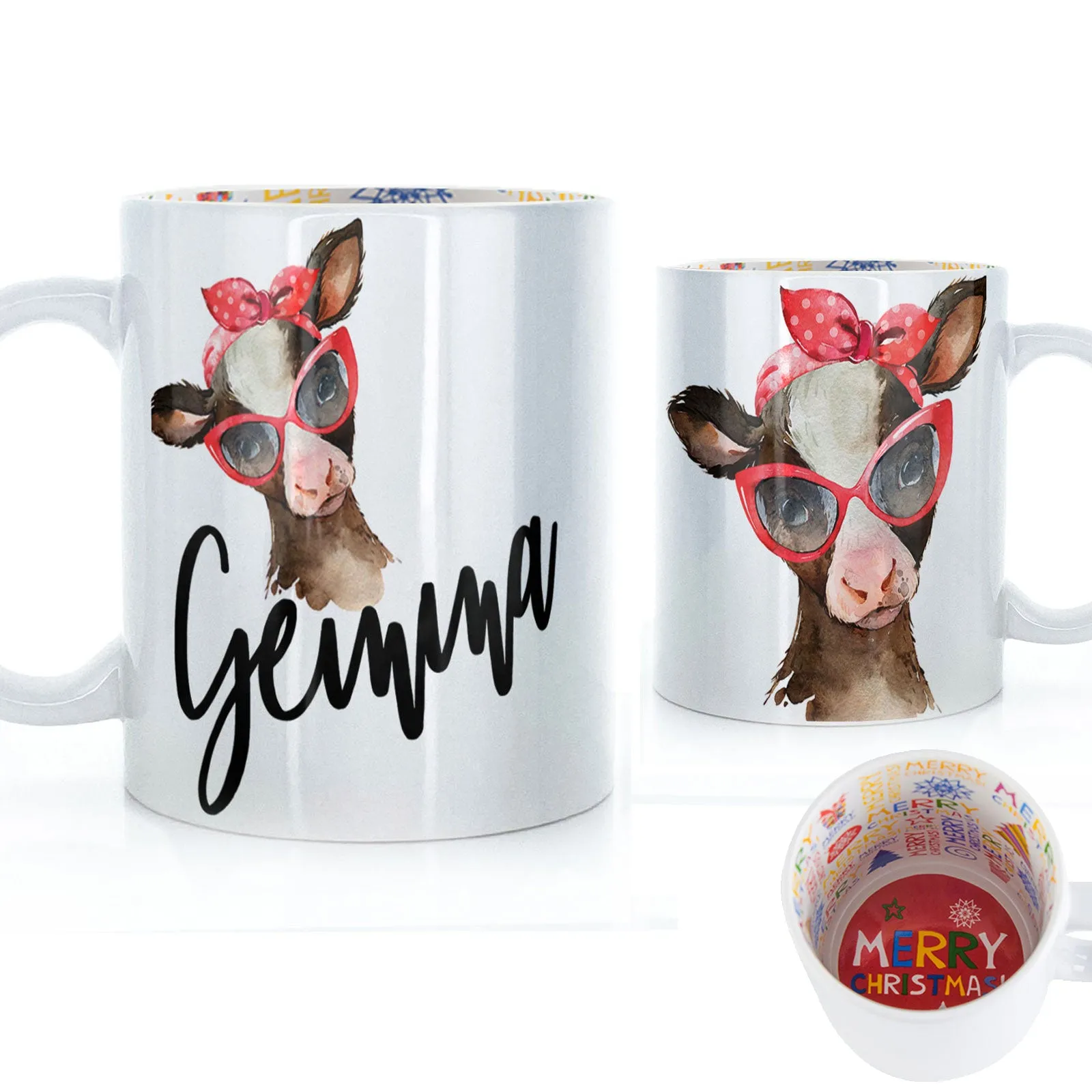 Personalised Mug with Stylish Text and Red Accessory Brown Cow