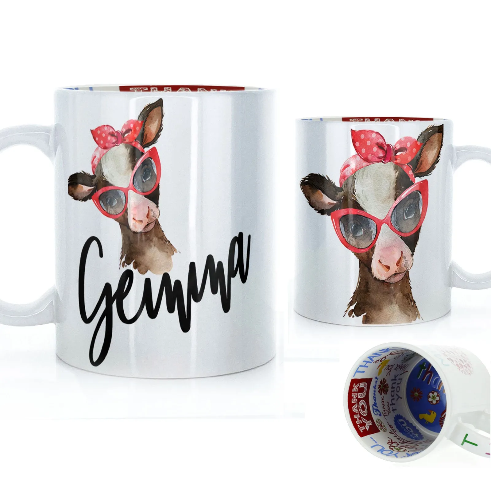 Personalised Mug with Stylish Text and Red Accessory Brown Cow