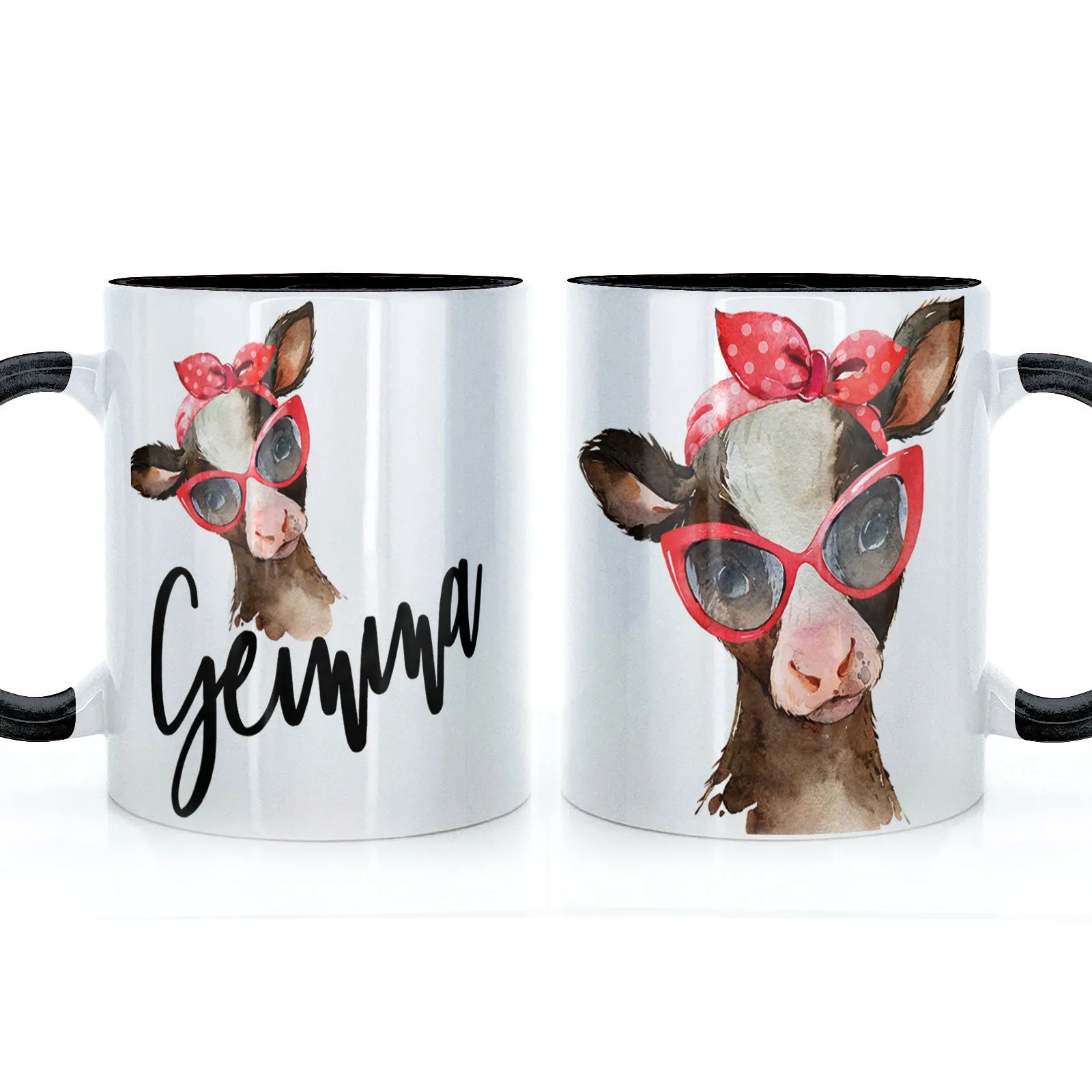 Personalised Mug with Stylish Text and Red Accessory Brown Cow