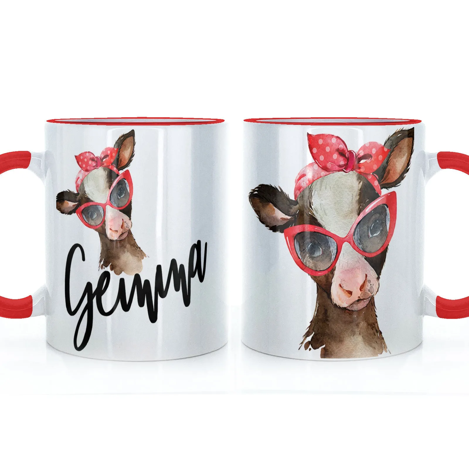 Personalised Mug with Stylish Text and Red Accessory Brown Cow