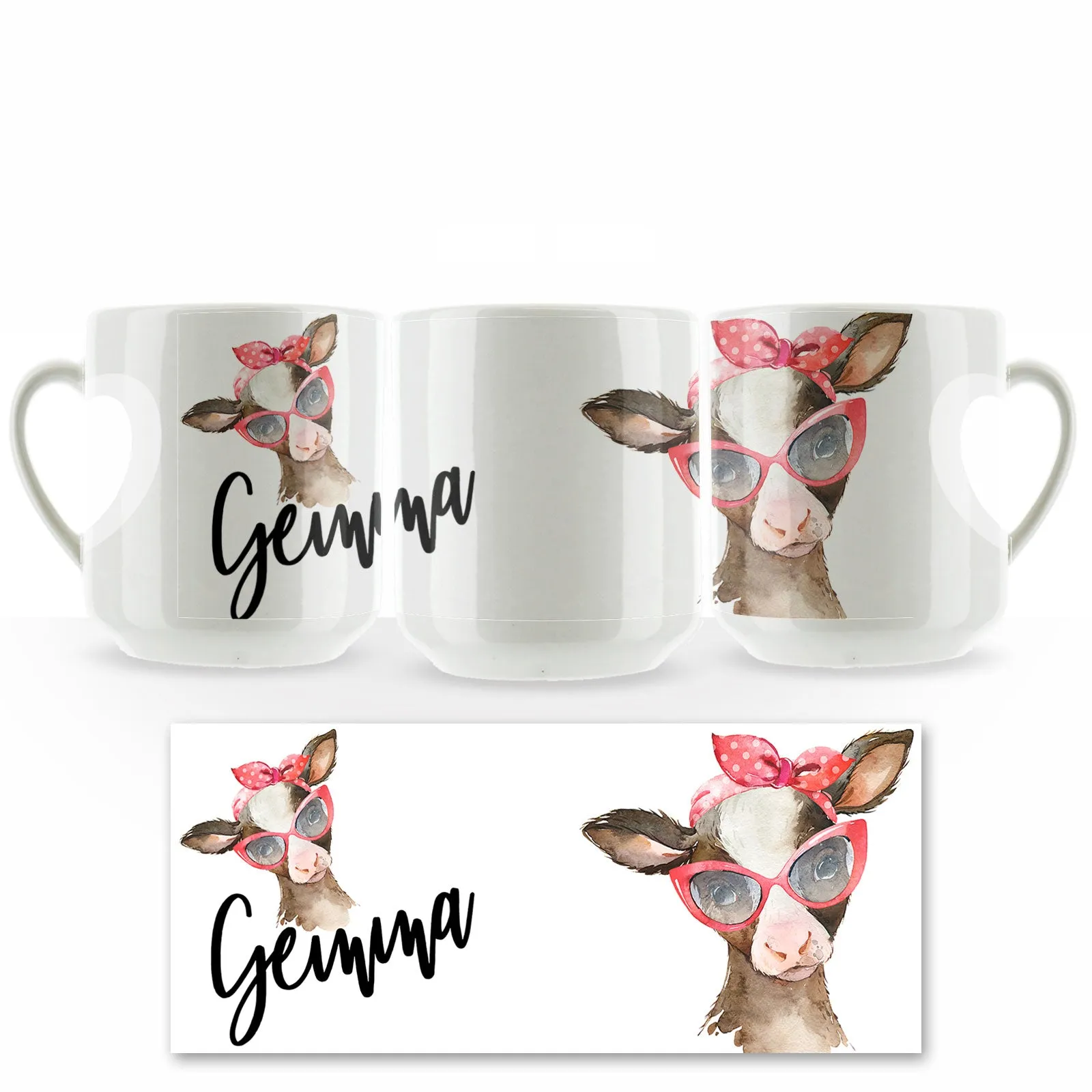 Personalised Mug with Stylish Text and Red Accessory Brown Cow