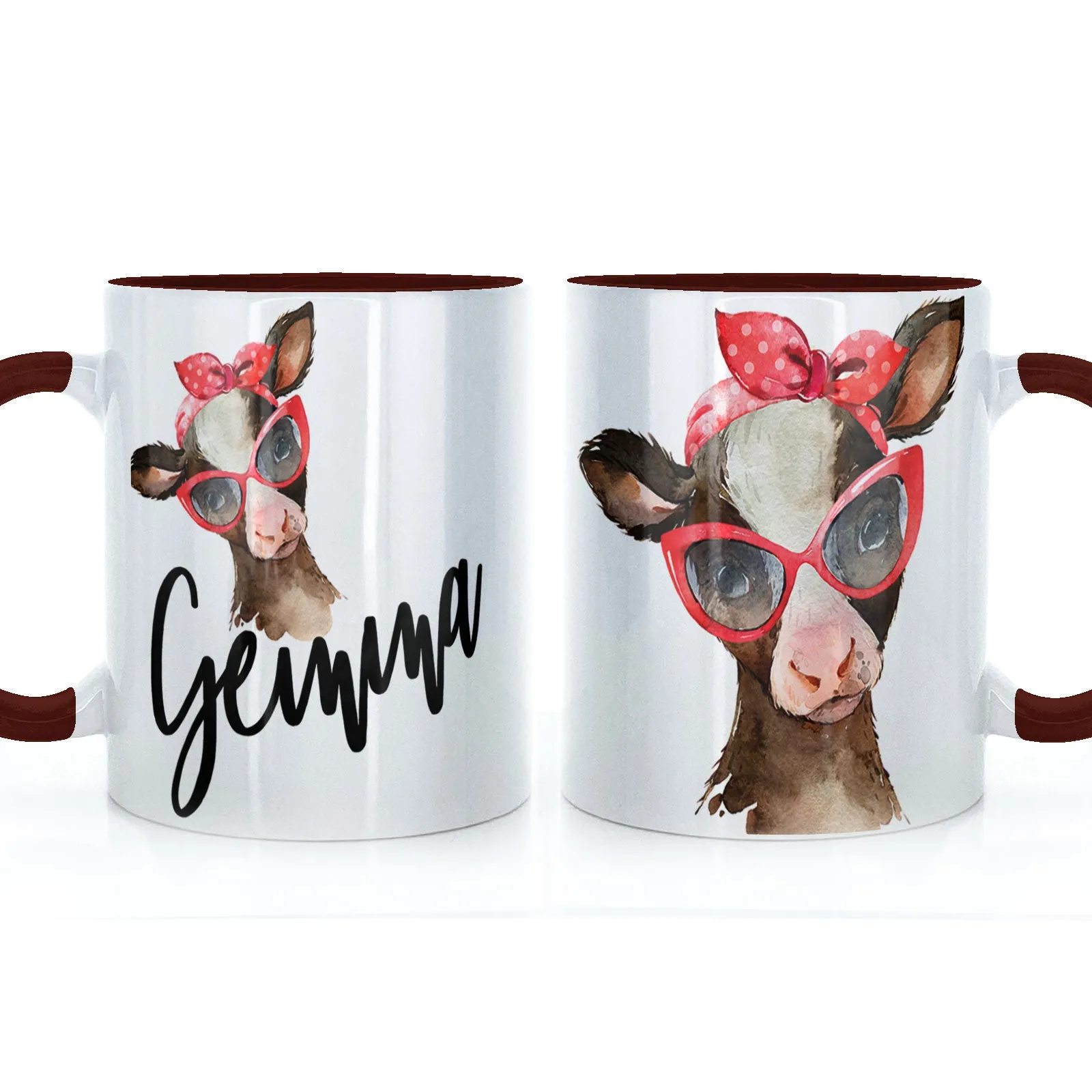 Personalised Mug with Stylish Text and Red Accessory Brown Cow