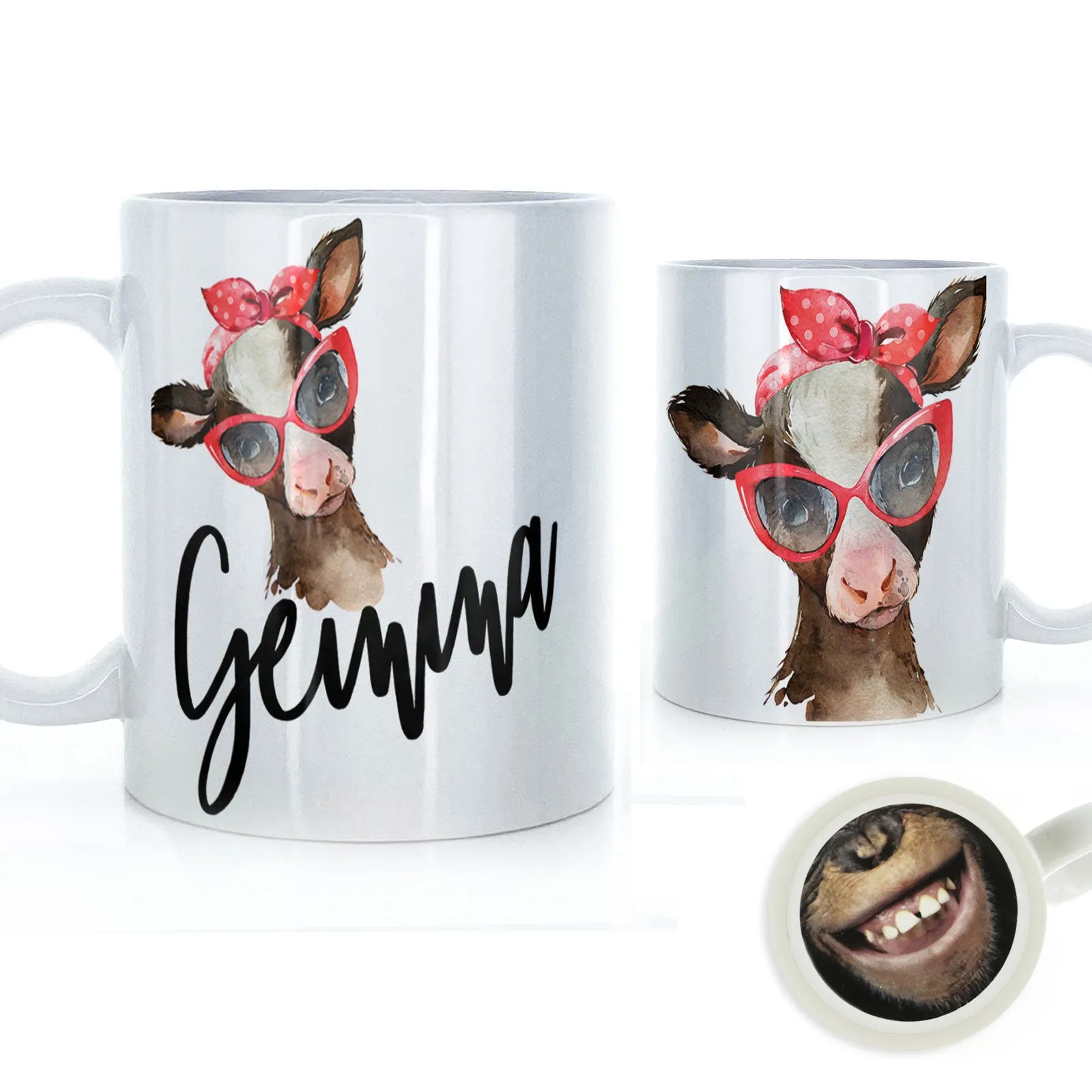 Personalised Mug with Stylish Text and Red Accessory Brown Cow