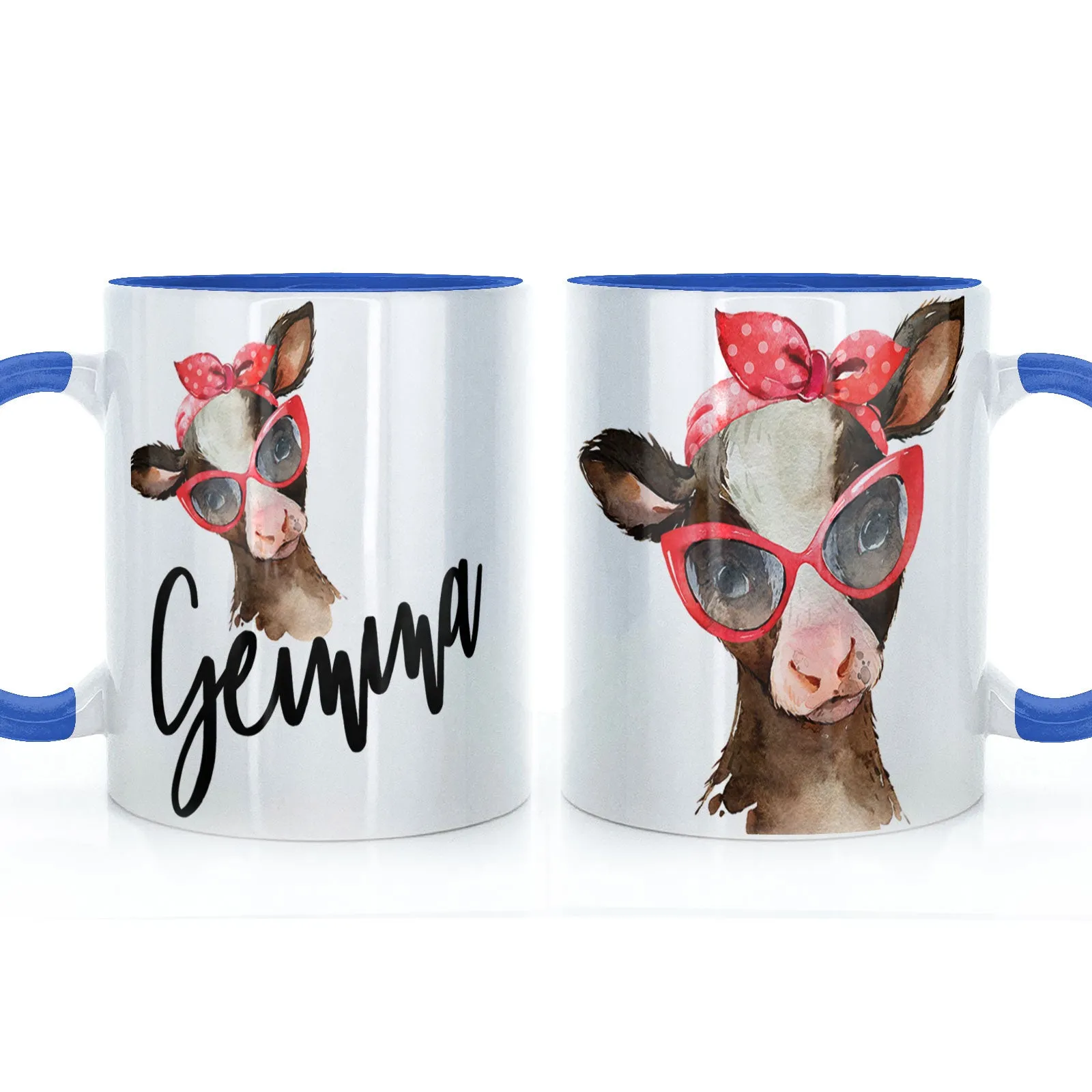 Personalised Mug with Stylish Text and Red Accessory Brown Cow