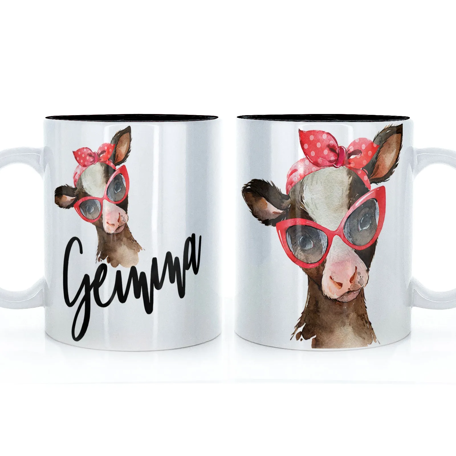 Personalised Mug with Stylish Text and Red Accessory Brown Cow