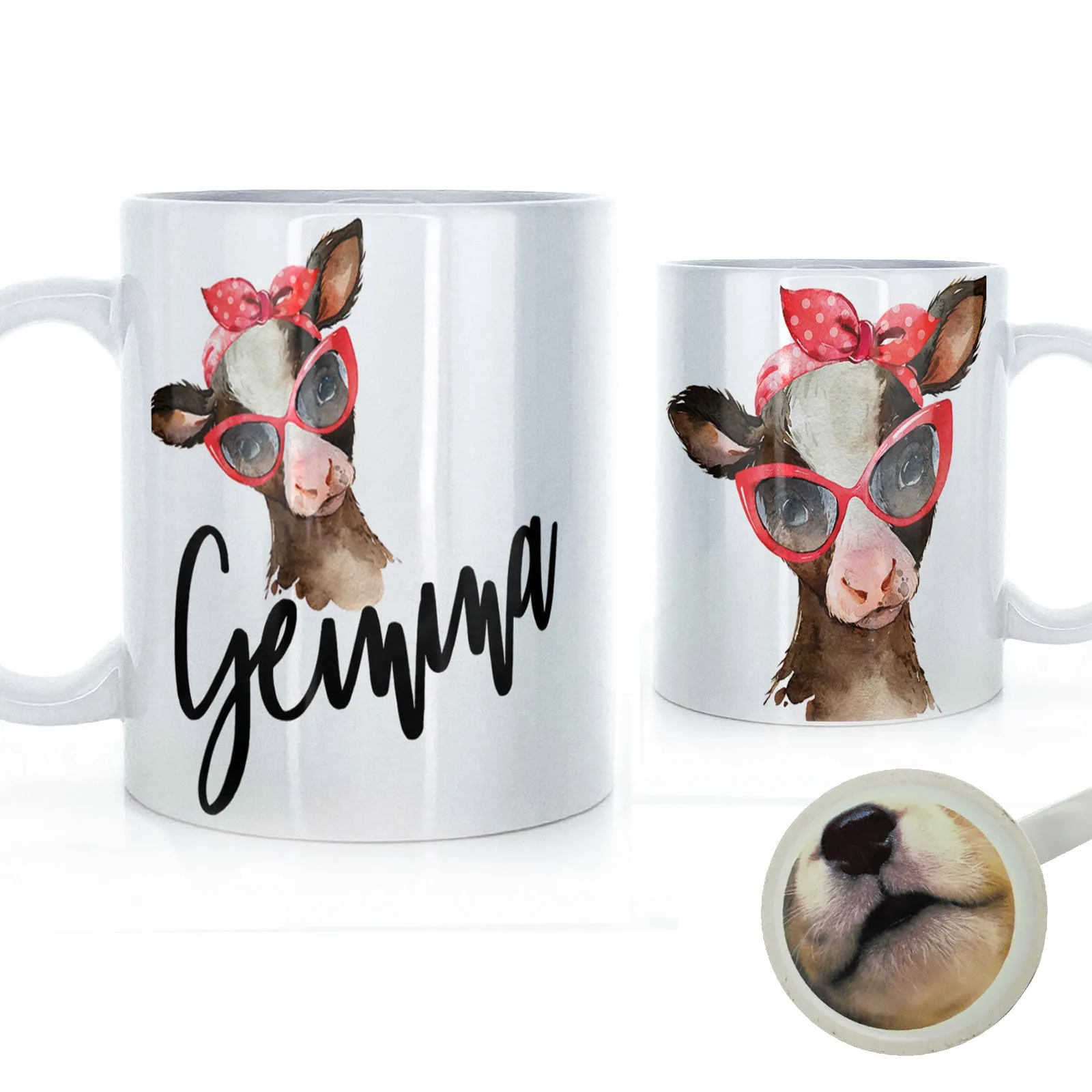 Personalised Mug with Stylish Text and Red Accessory Brown Cow
