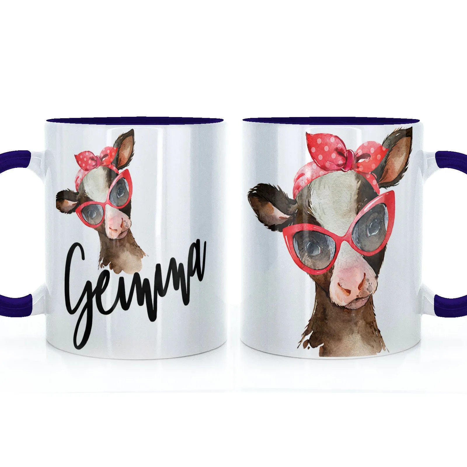 Personalised Mug with Stylish Text and Red Accessory Brown Cow