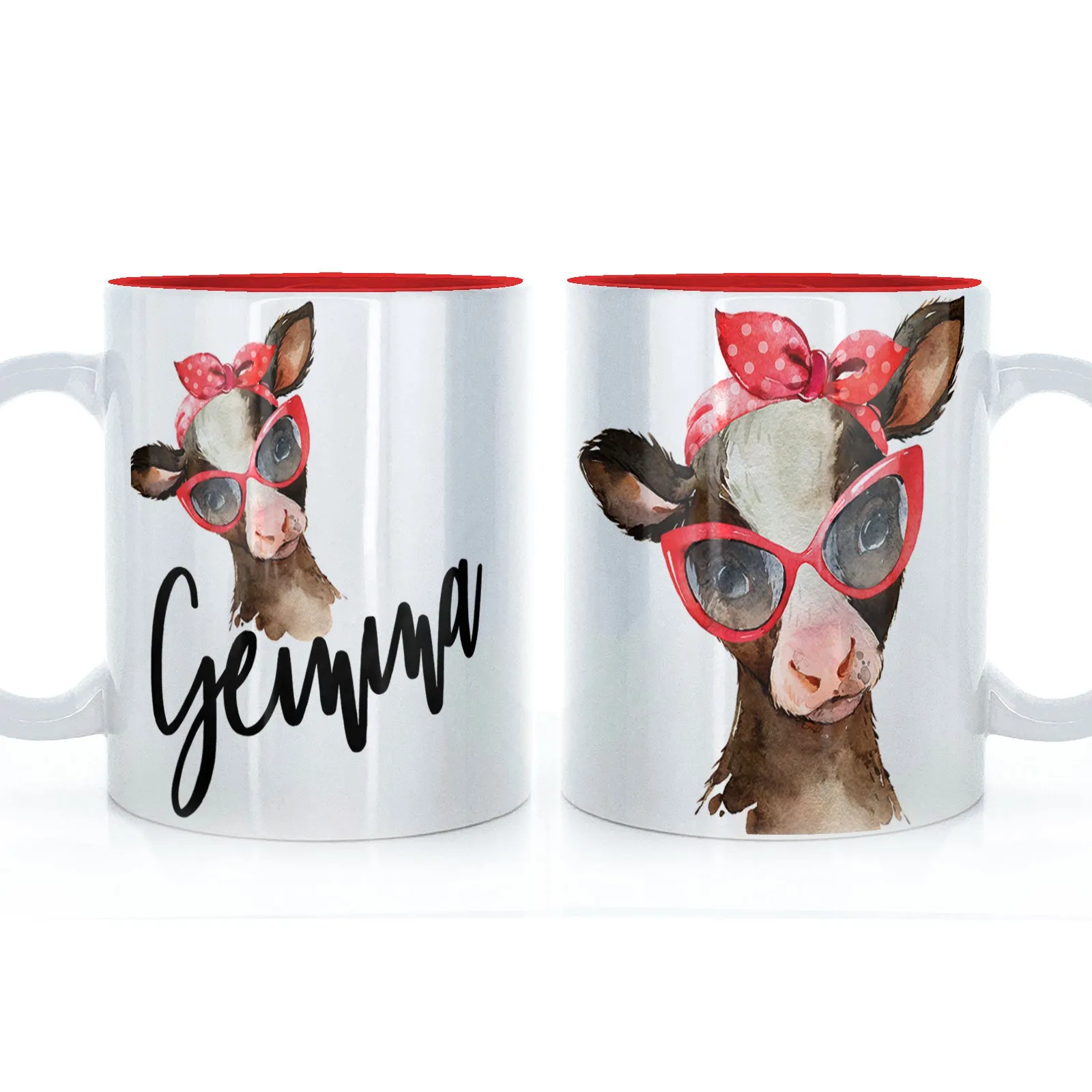 Personalised Mug with Stylish Text and Red Accessory Brown Cow